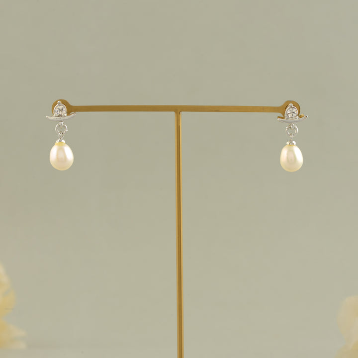 White Pearl & Stone Curved Drop Earrings
