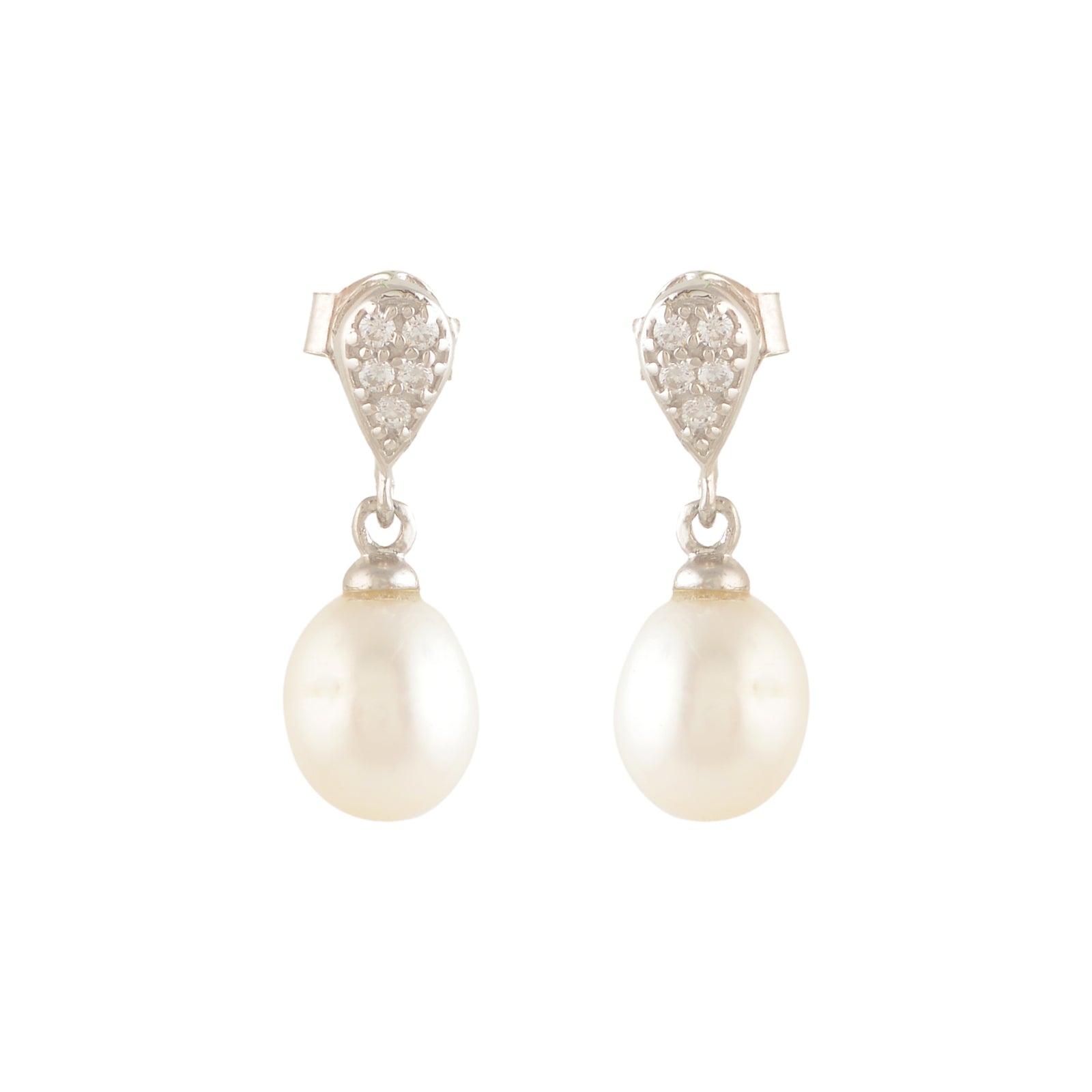 White Pearl Drop Earrings with Shiny Stones