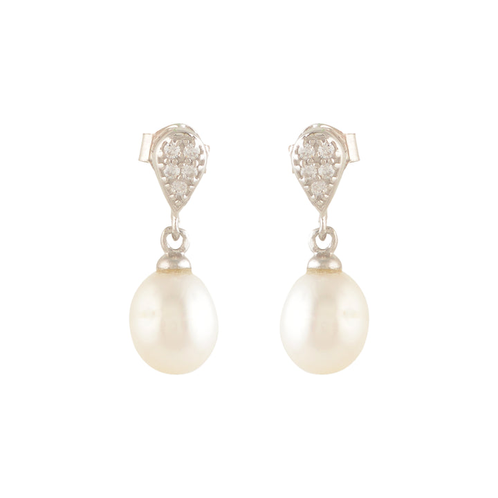 White Pearl Drop Earrings with Shiny Stones