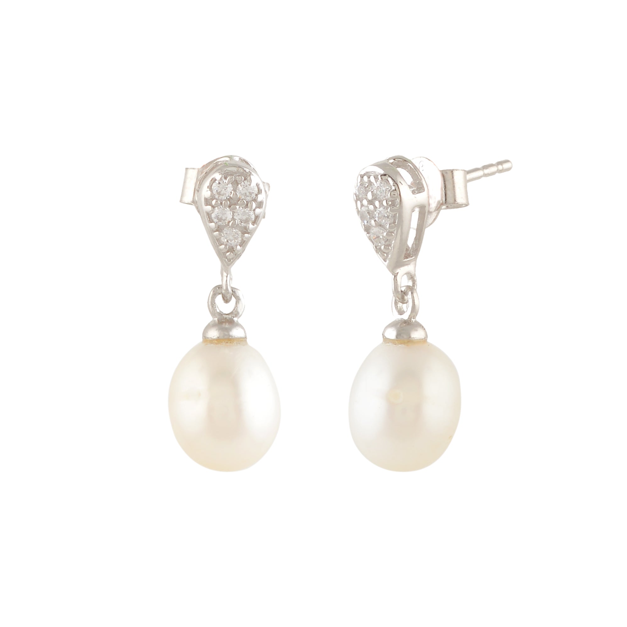 White Pearl Drop Earrings with Shiny Stones