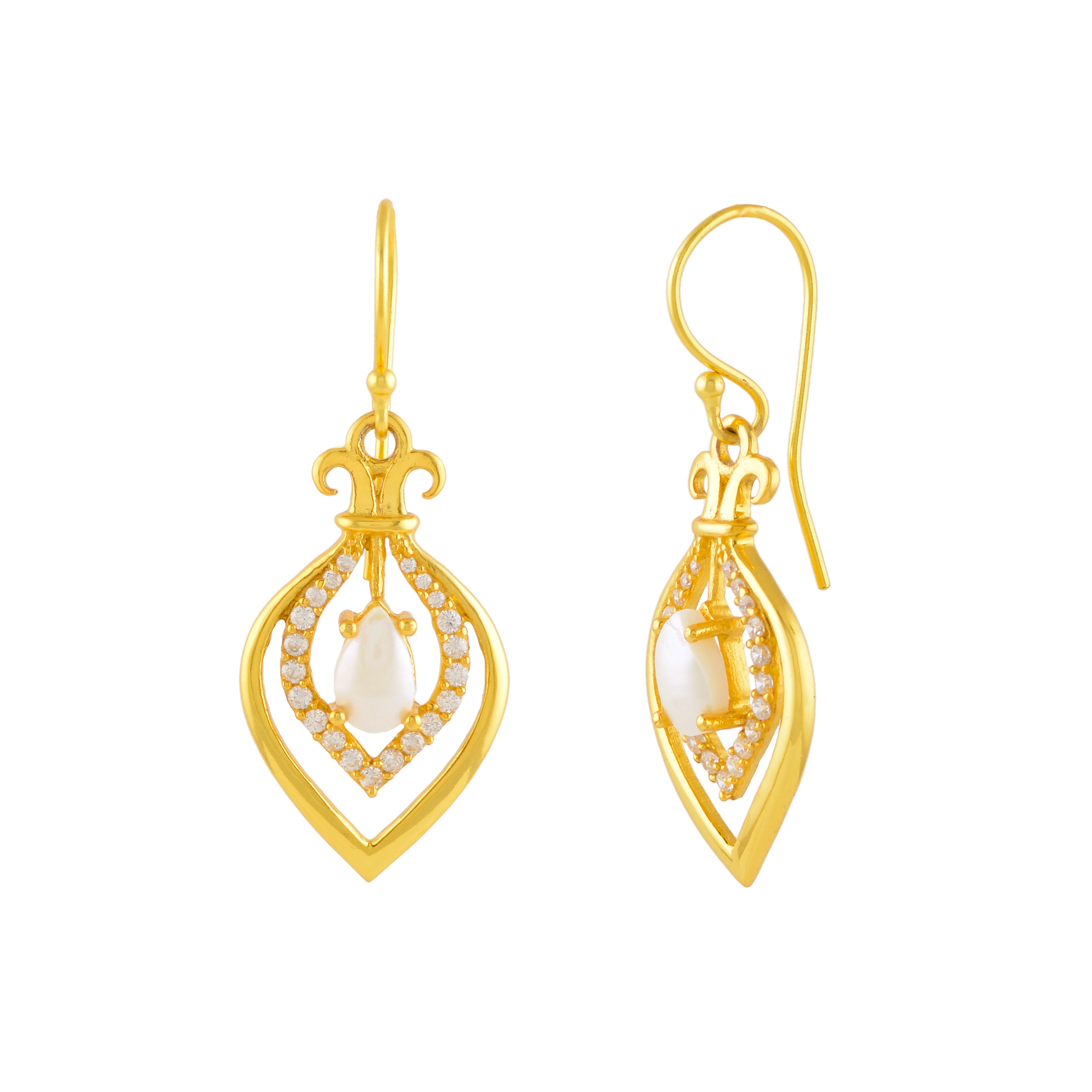 Classic Gold Polish Earrings Featuring Pearls and CZ Stones