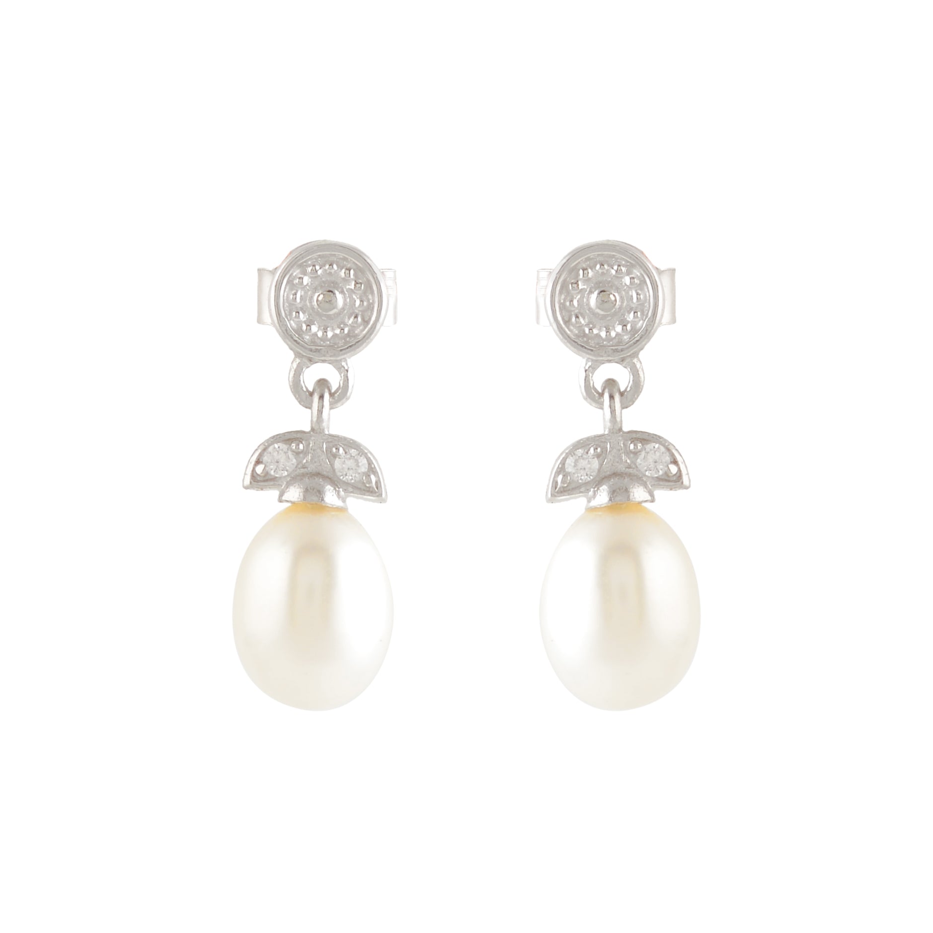 Real Freshwater Pearl & White Stone Drop Earrings
