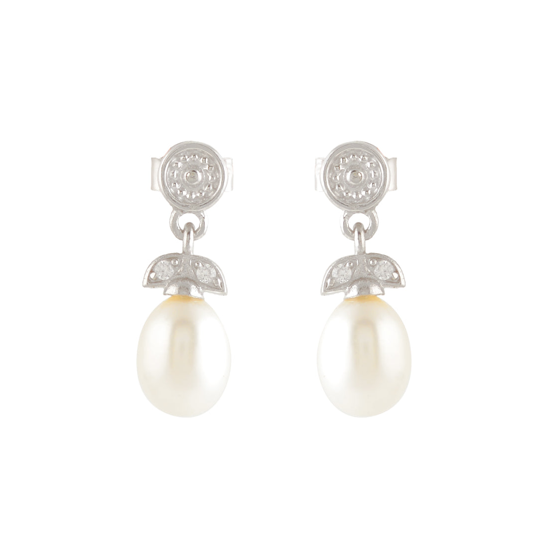 Real Freshwater Pearl & White Stone Drop Earrings