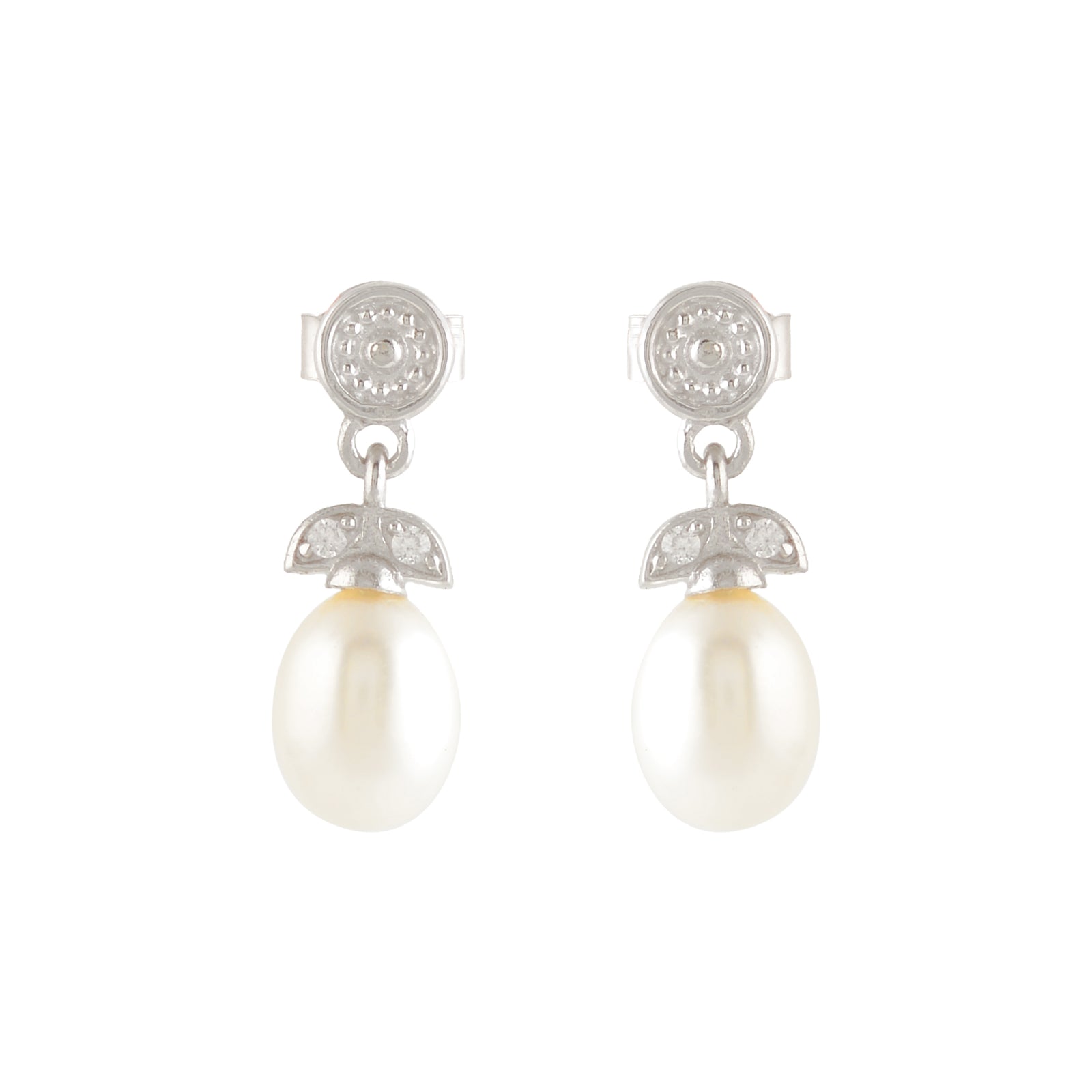 Real Freshwater Pearl & White Stone Drop Earrings