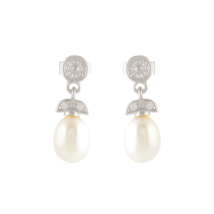 Real Freshwater Pearl & White Stone Drop Earrings