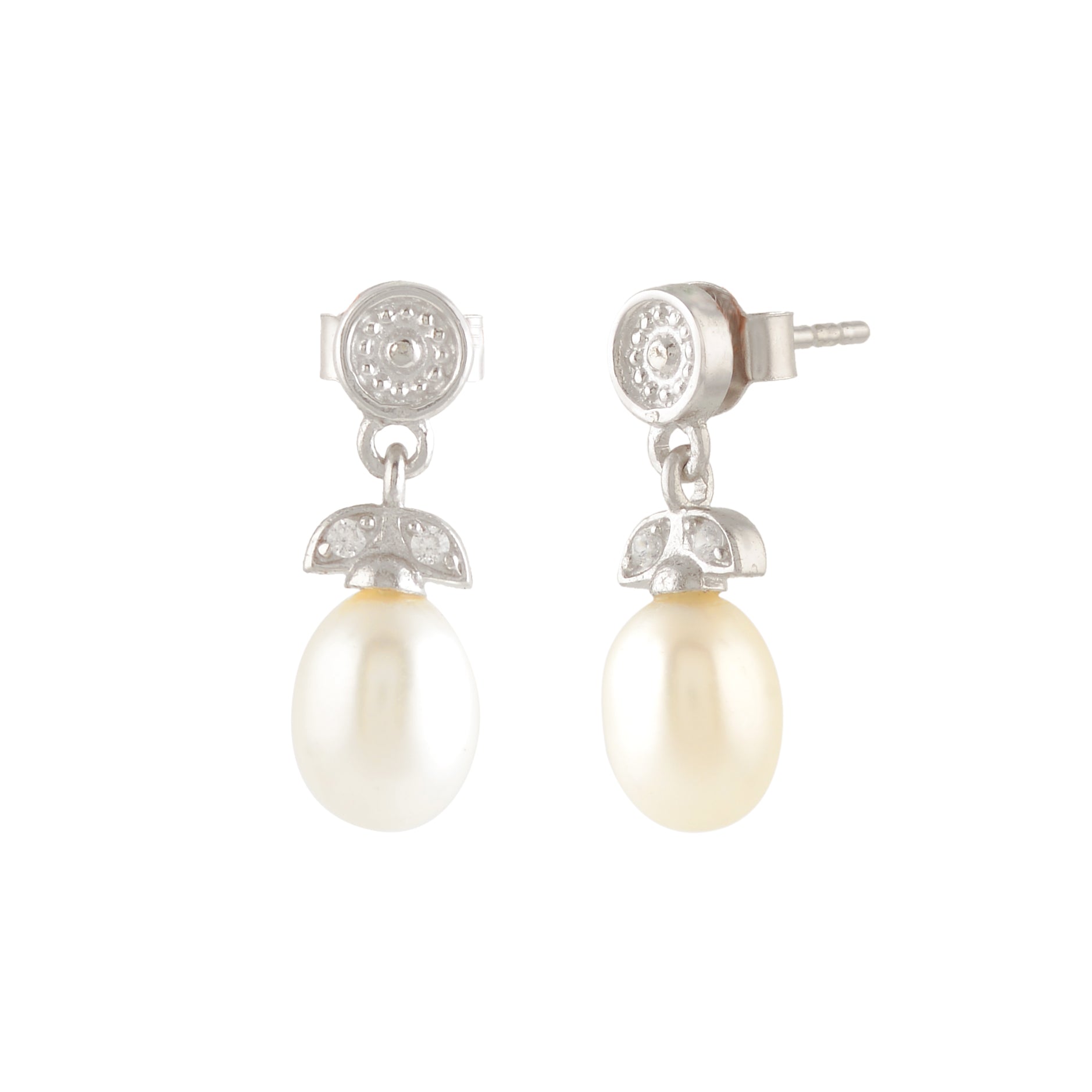 Real Freshwater Pearl & White Stone Drop Earrings