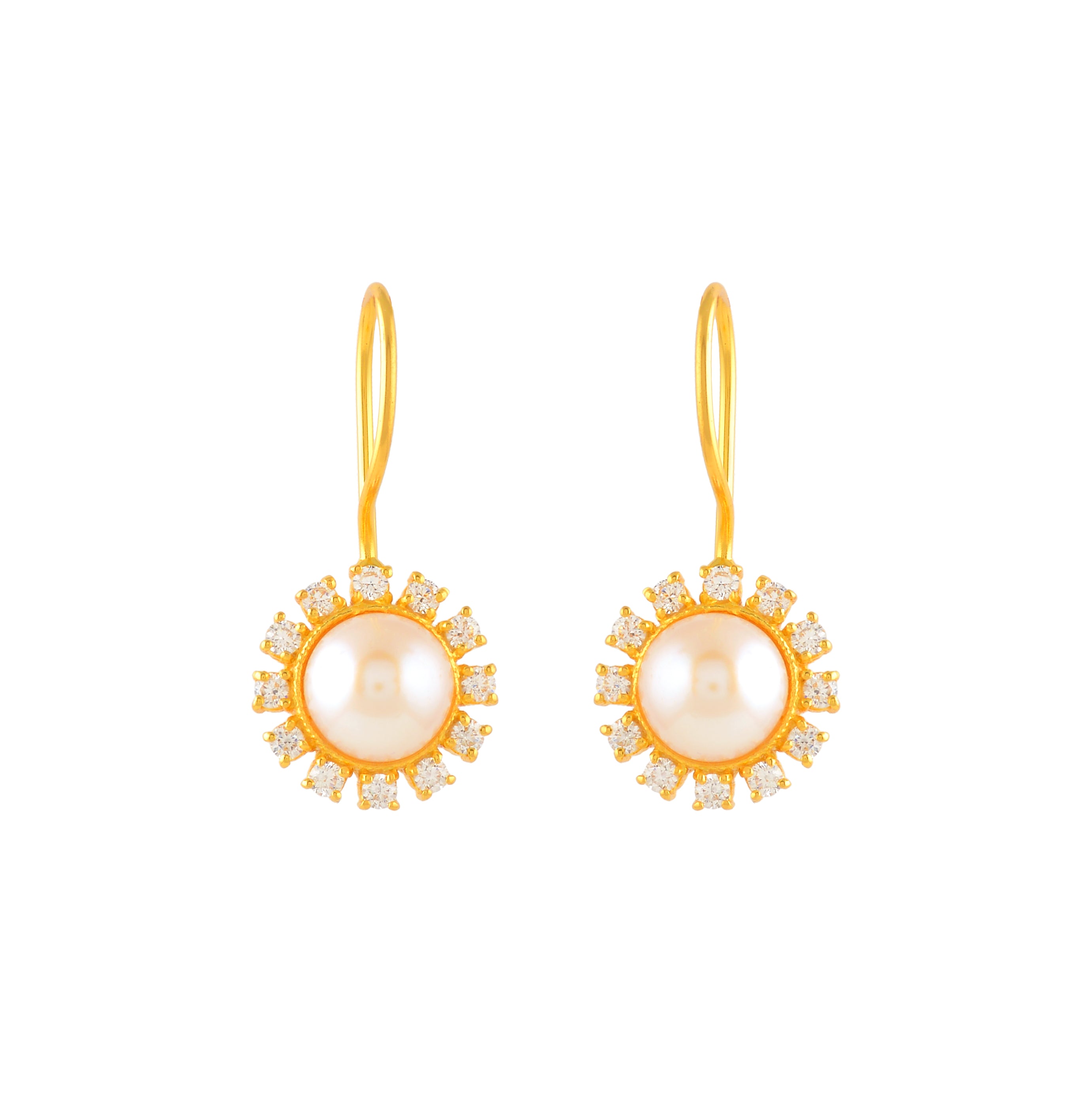 Gold Finish Round Drop Earrings with CZ Stones & Freshwater Pearls