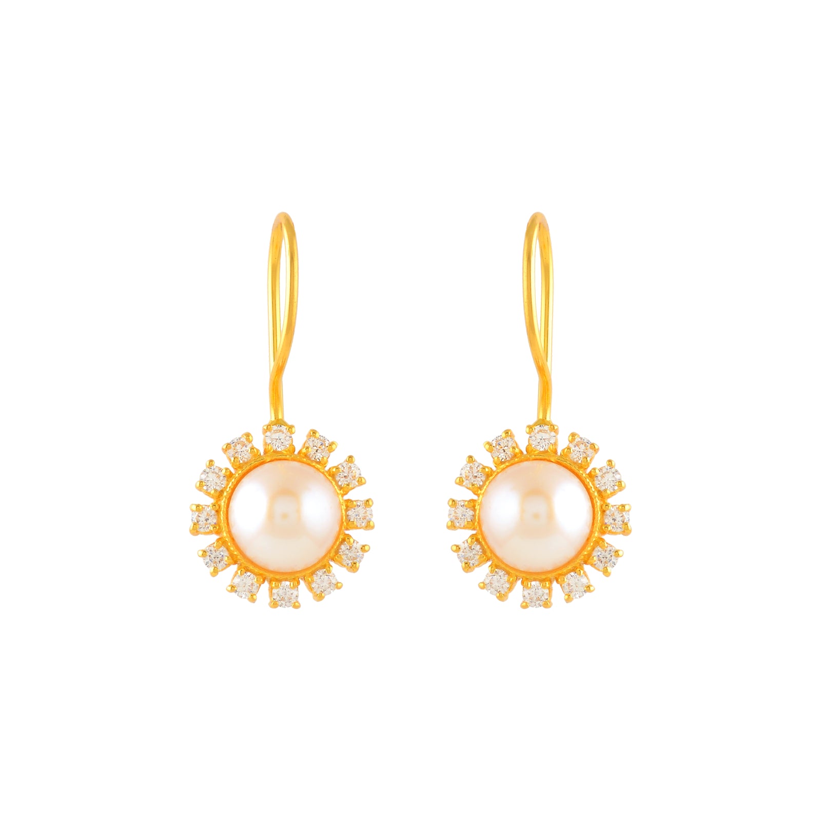Gold Finish Round Drop Earrings with CZ Stones & Freshwater Pearls