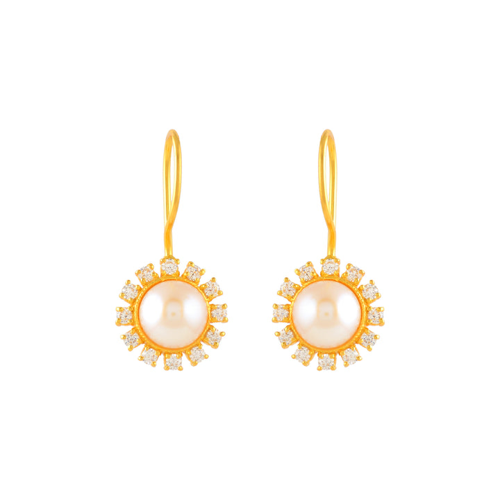 Gold Finish Round Drop Earrings with CZ Stones & Freshwater Pearls