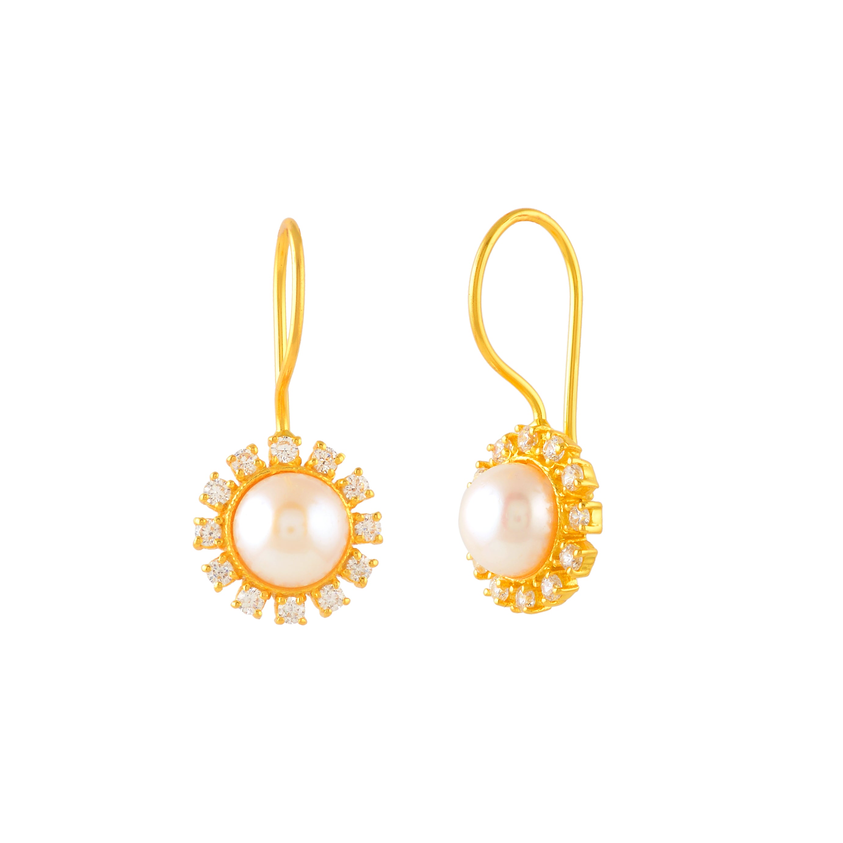Gold Finish Round Drop Earrings with CZ Stones & Freshwater Pearls