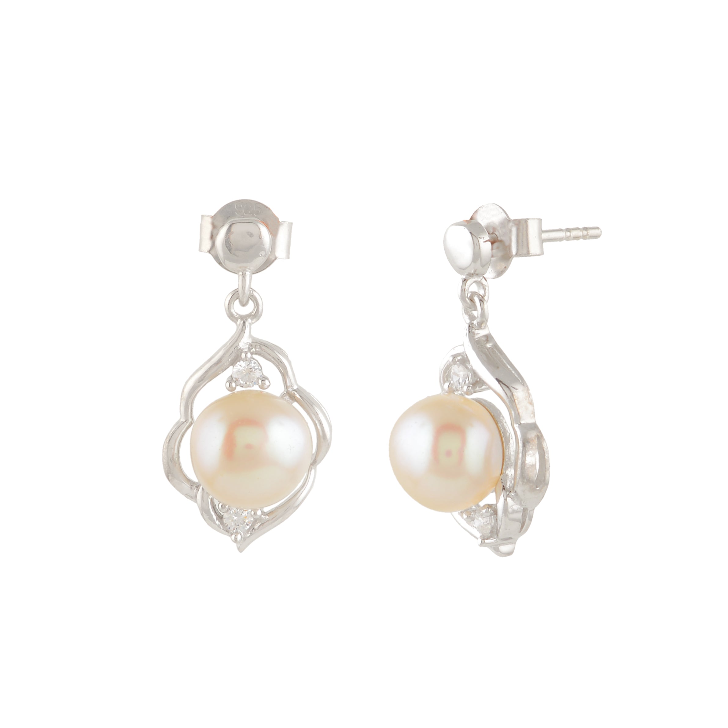 Genuine Freshwater Pearl & CZ Silver Drop Earrings