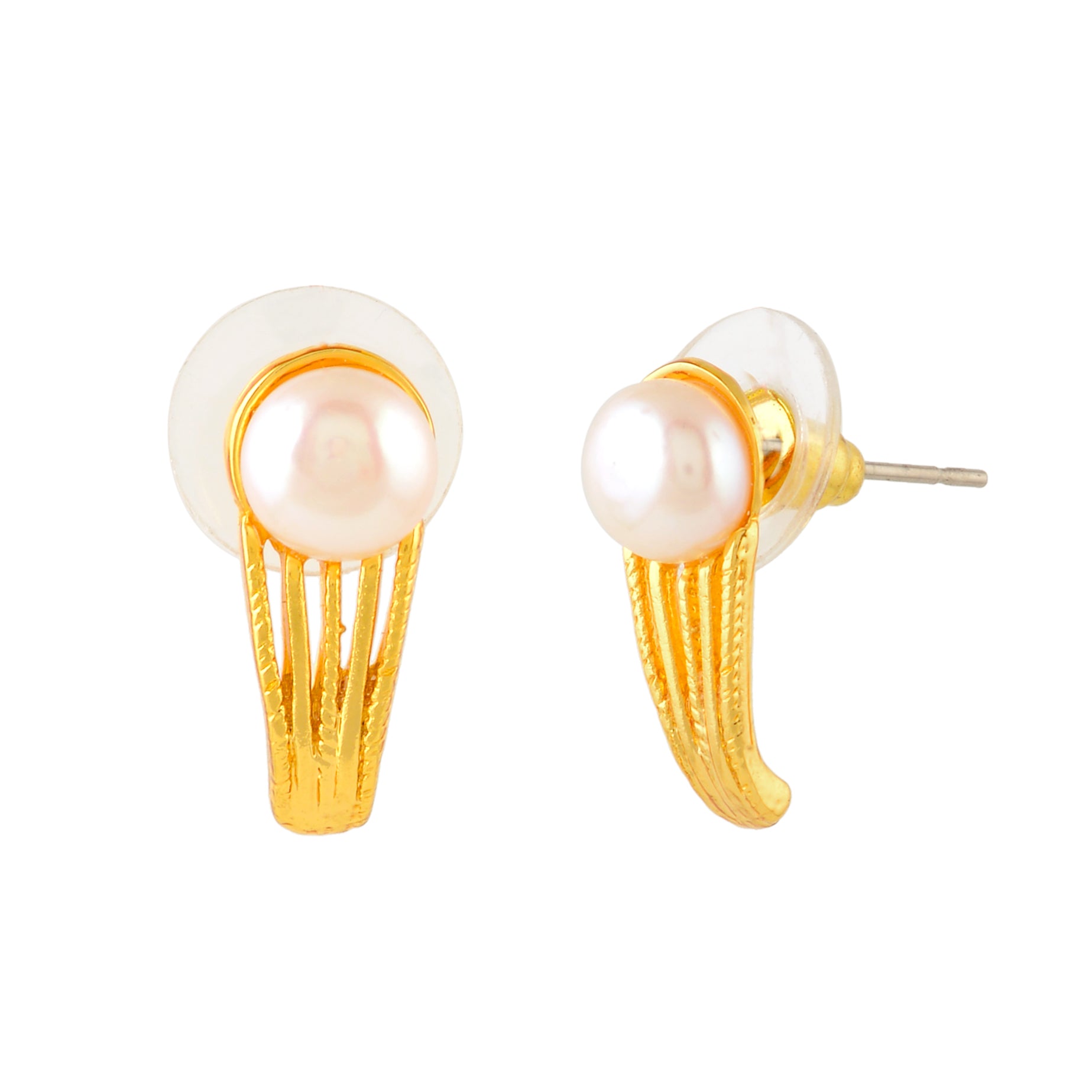 Gold Polish Half-Hoop Earrings with White Freshwater Pearls