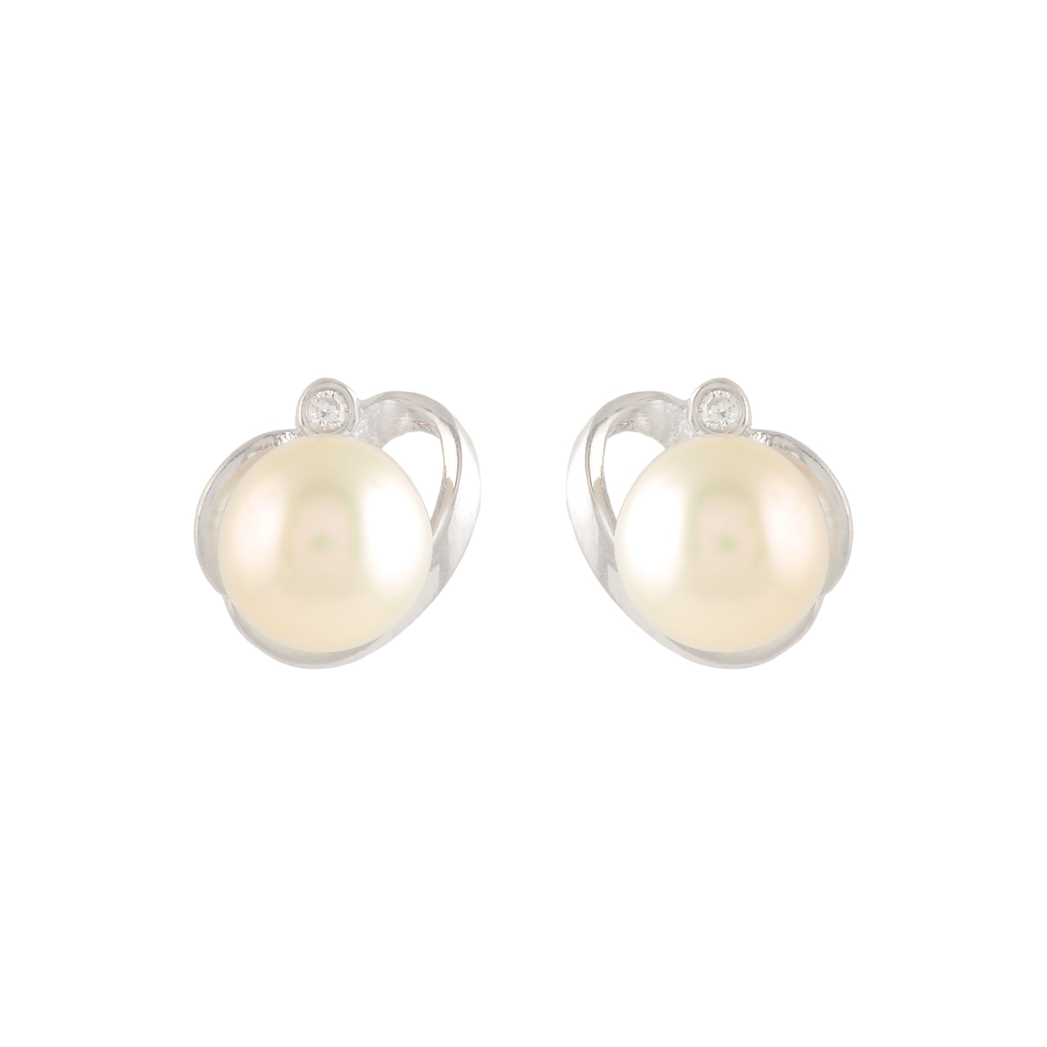 White Pearl & Stone Silver Stud Earrings