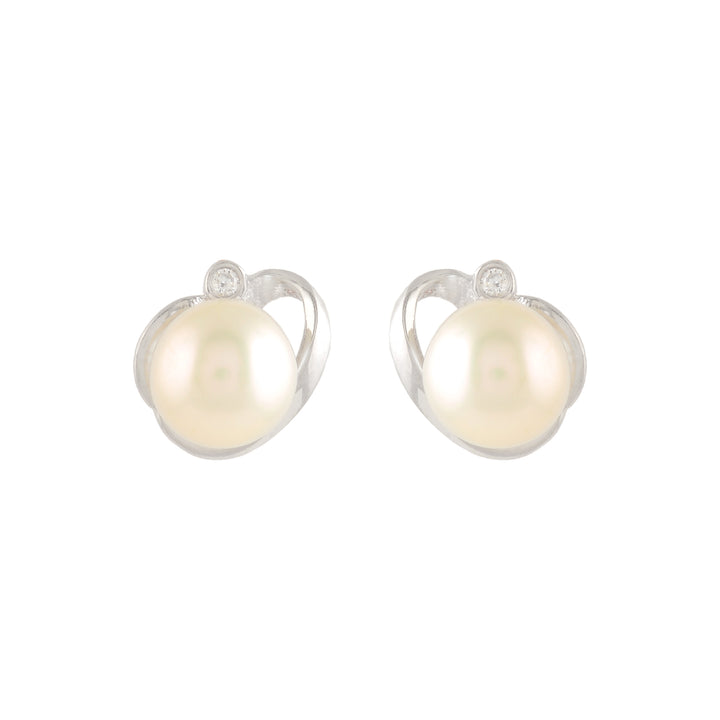 White Pearl & Stone Silver Stud Earrings