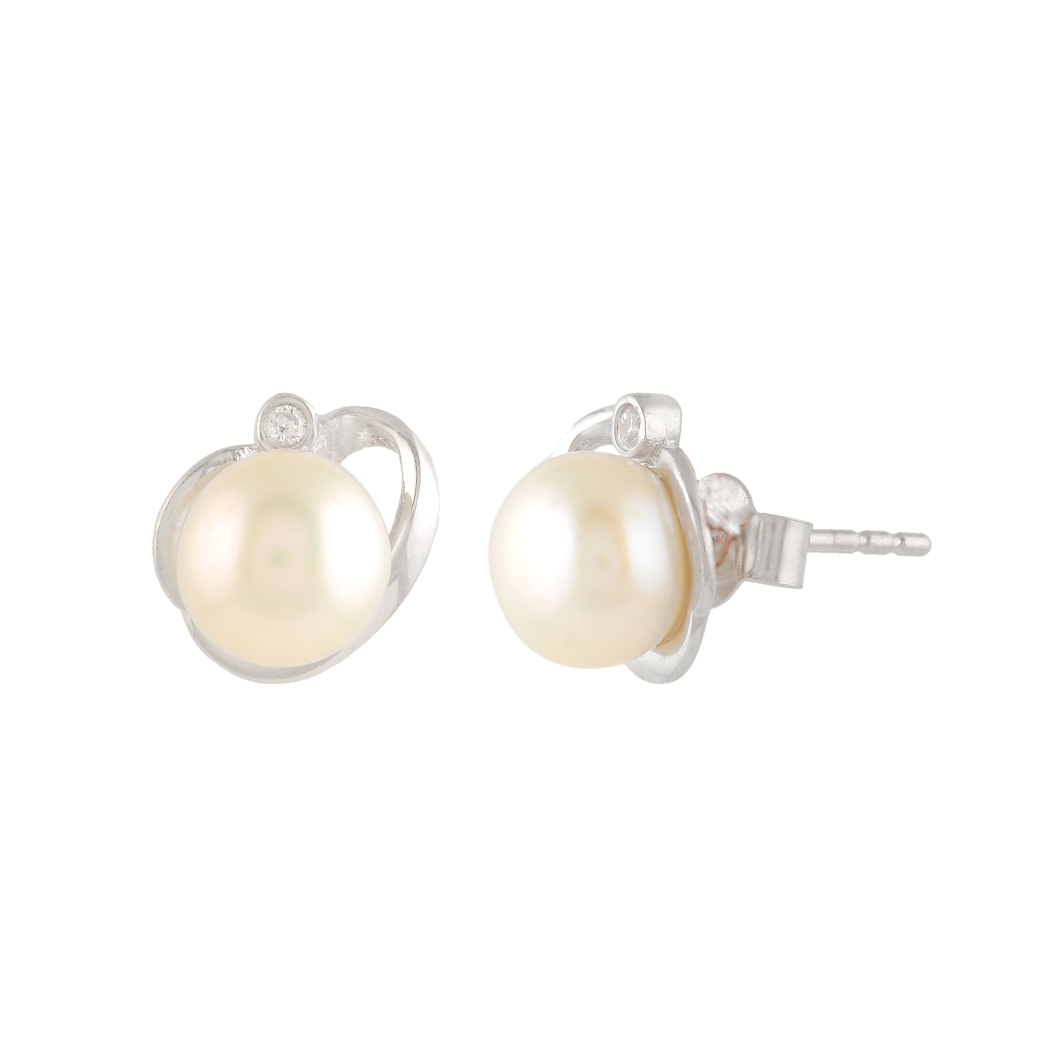 White Pearl & Stone Silver Stud Earrings