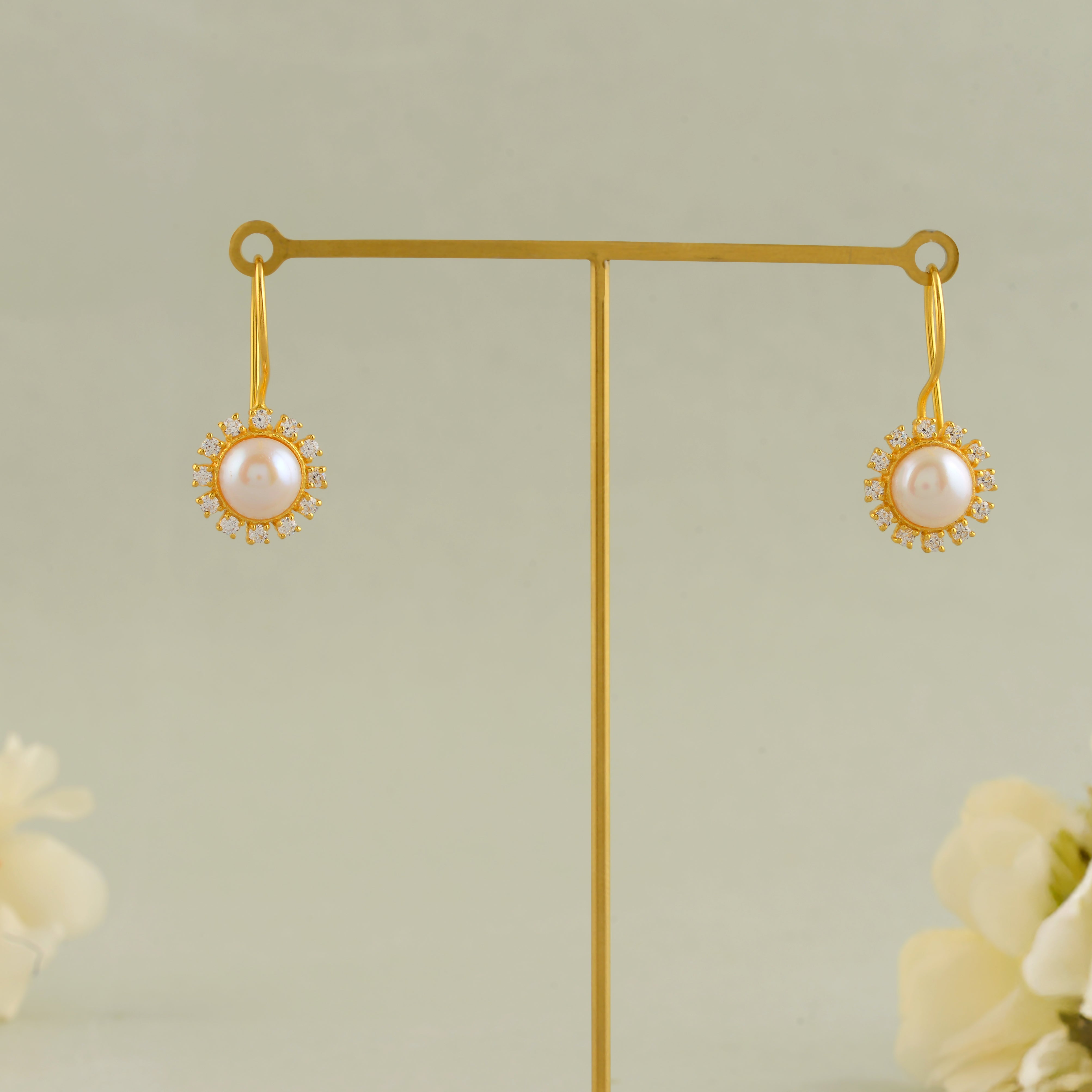 Gold Finish Round Drop Earrings with CZ Stones & Freshwater Pearls