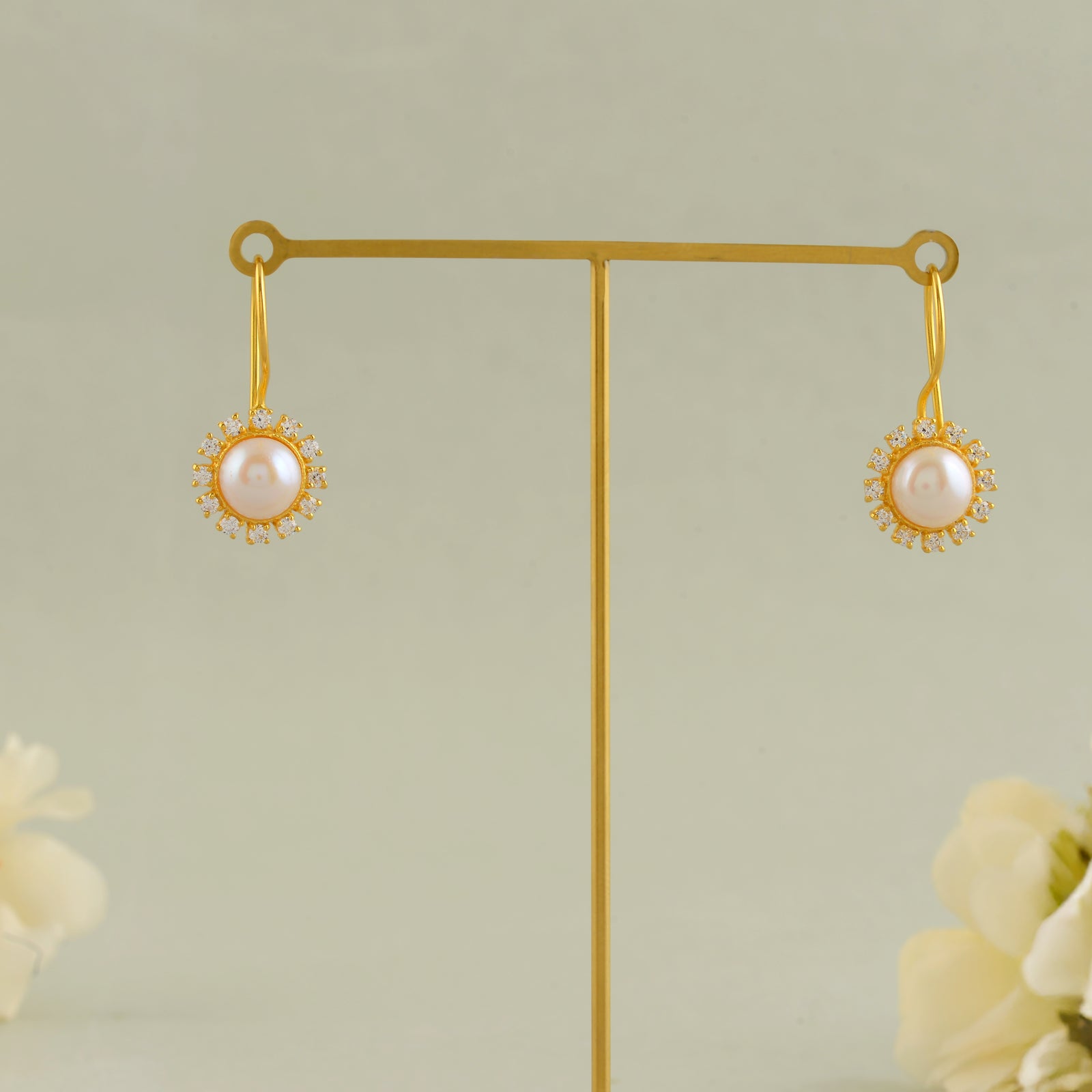 Gold Finish Round Drop Earrings with CZ Stones & Freshwater Pearls