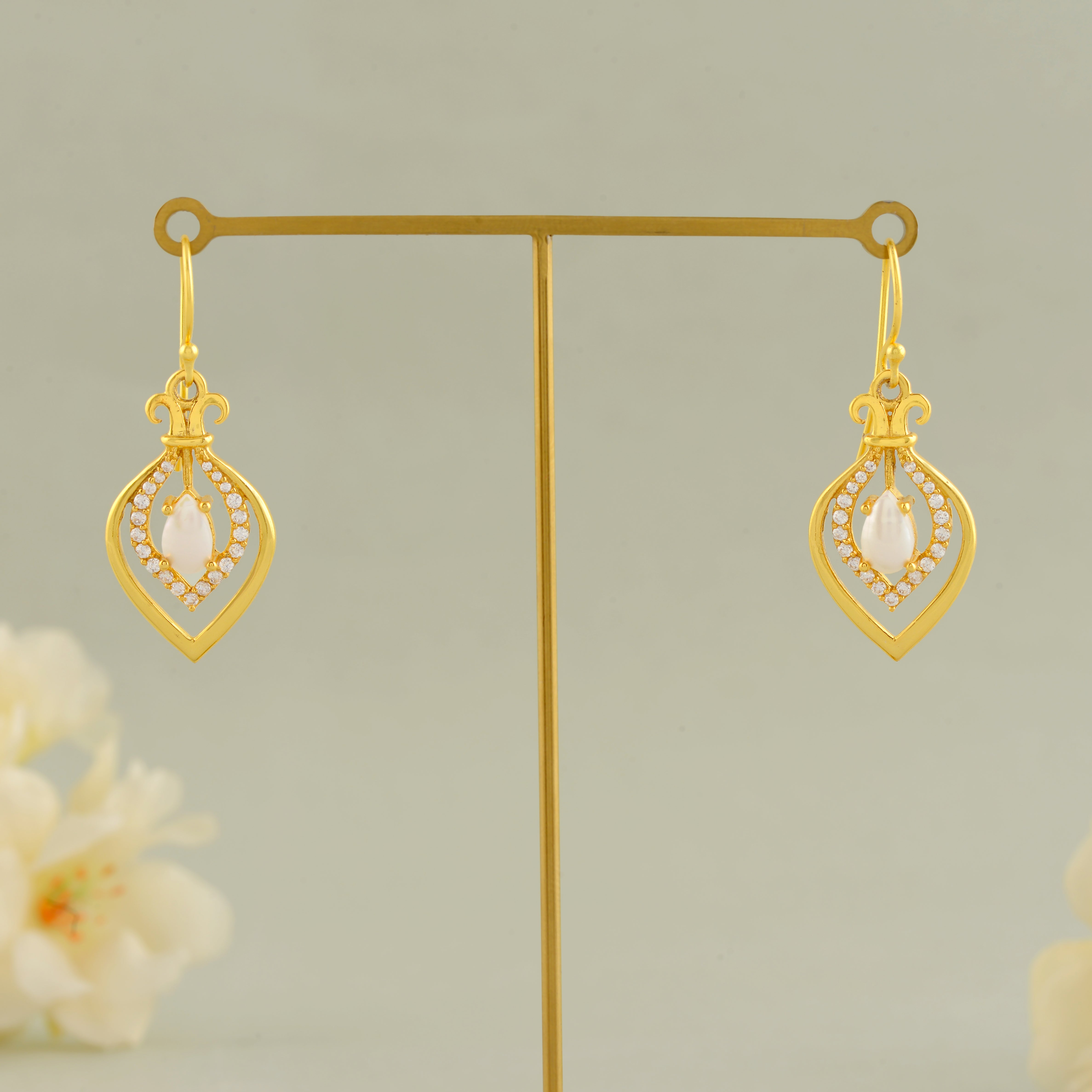 Classic Gold Polish Earrings Featuring Pearls and CZ Stones
