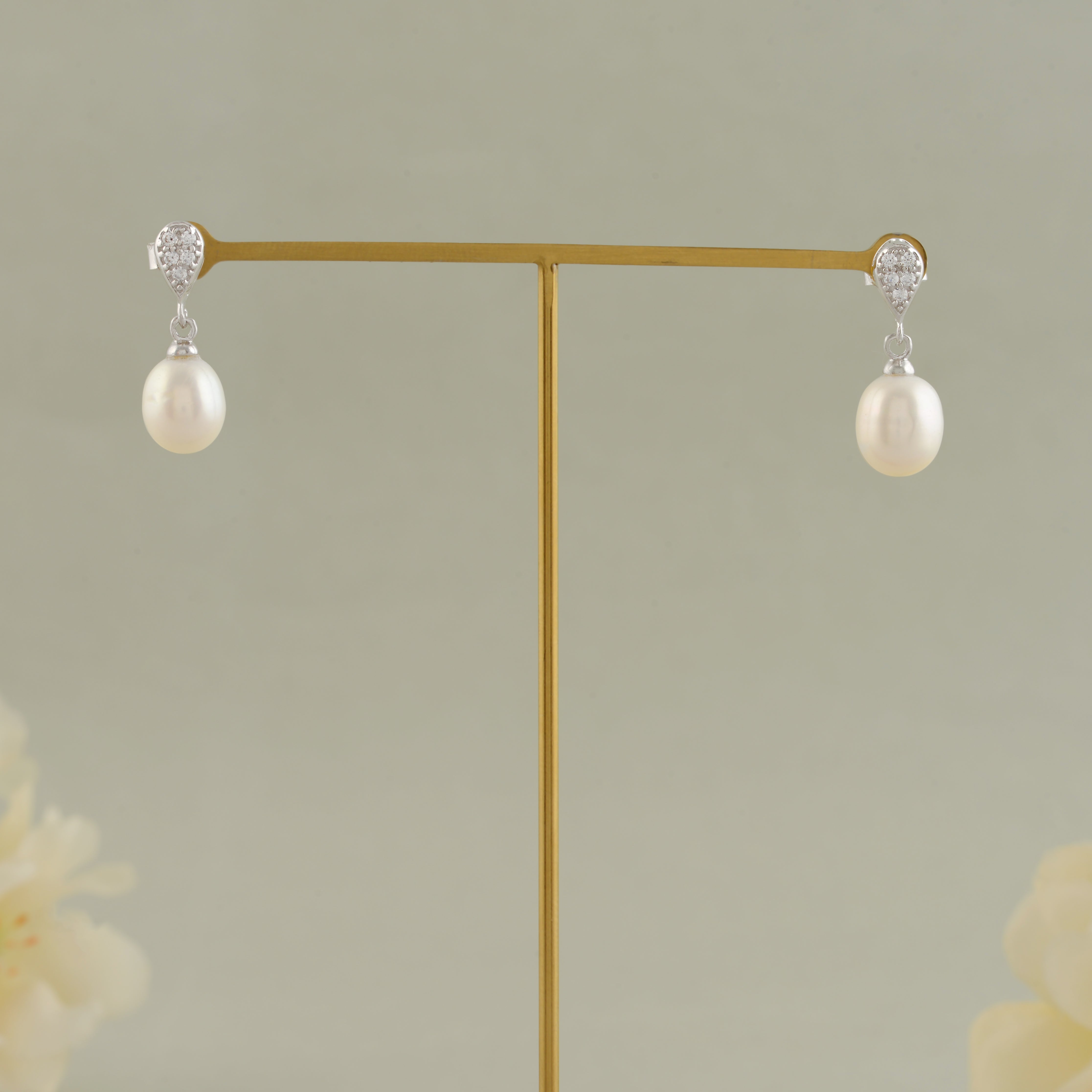 White Pearl Drop Earrings with Shiny Stones