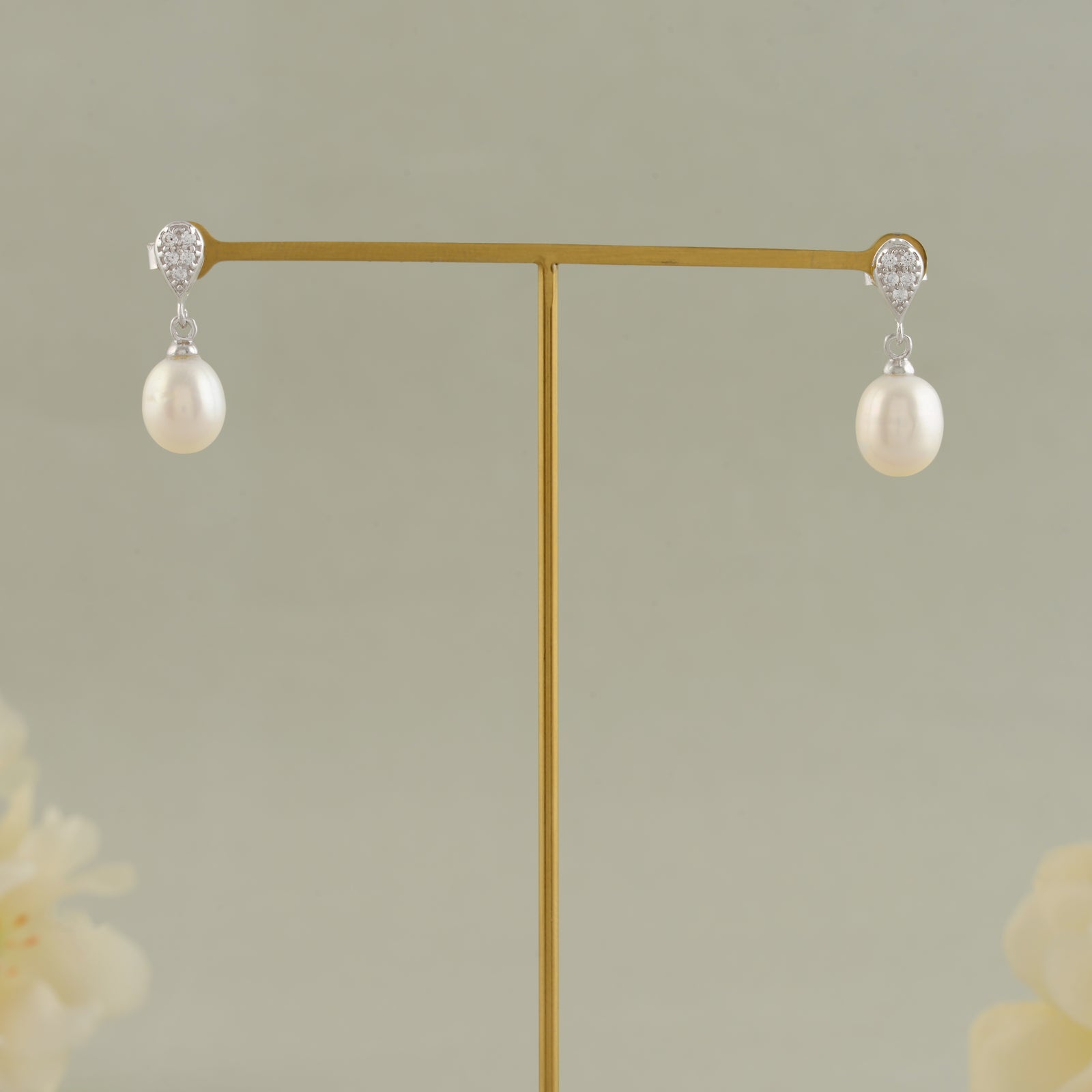 White Pearl Drop Earrings with Shiny Stones