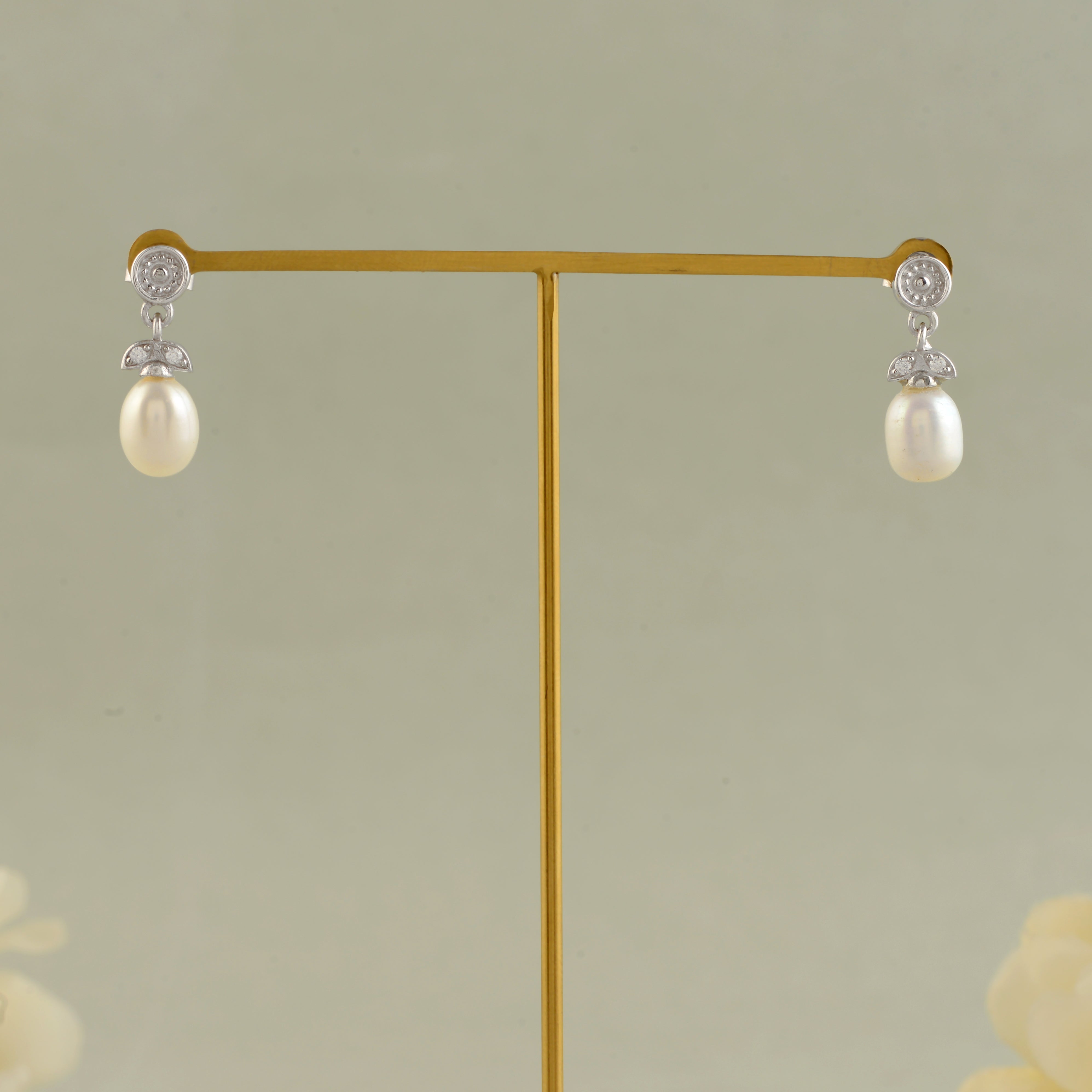 Real Freshwater Pearl & White Stone Drop Earrings
