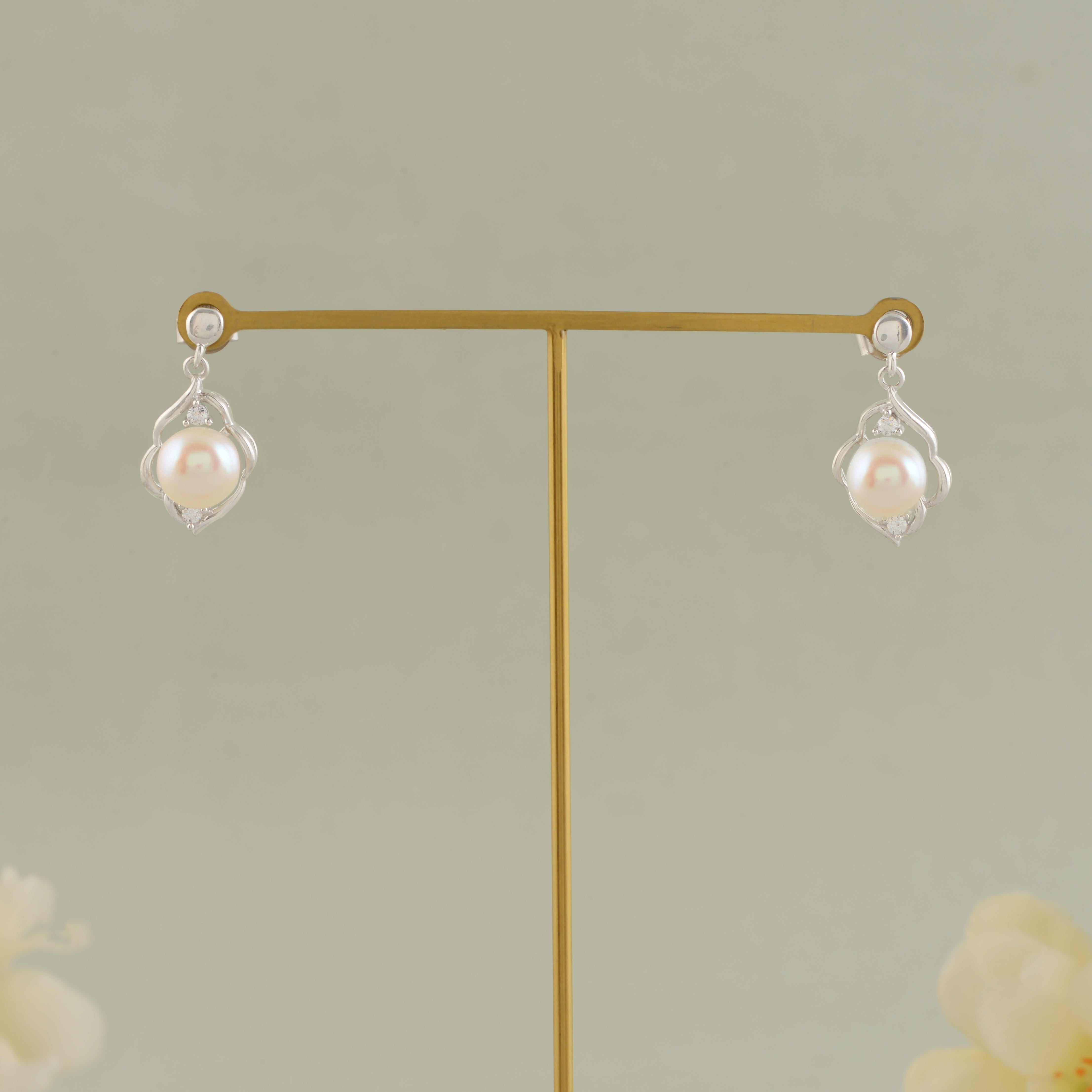 Genuine Freshwater Pearl & CZ Silver Drop Earrings