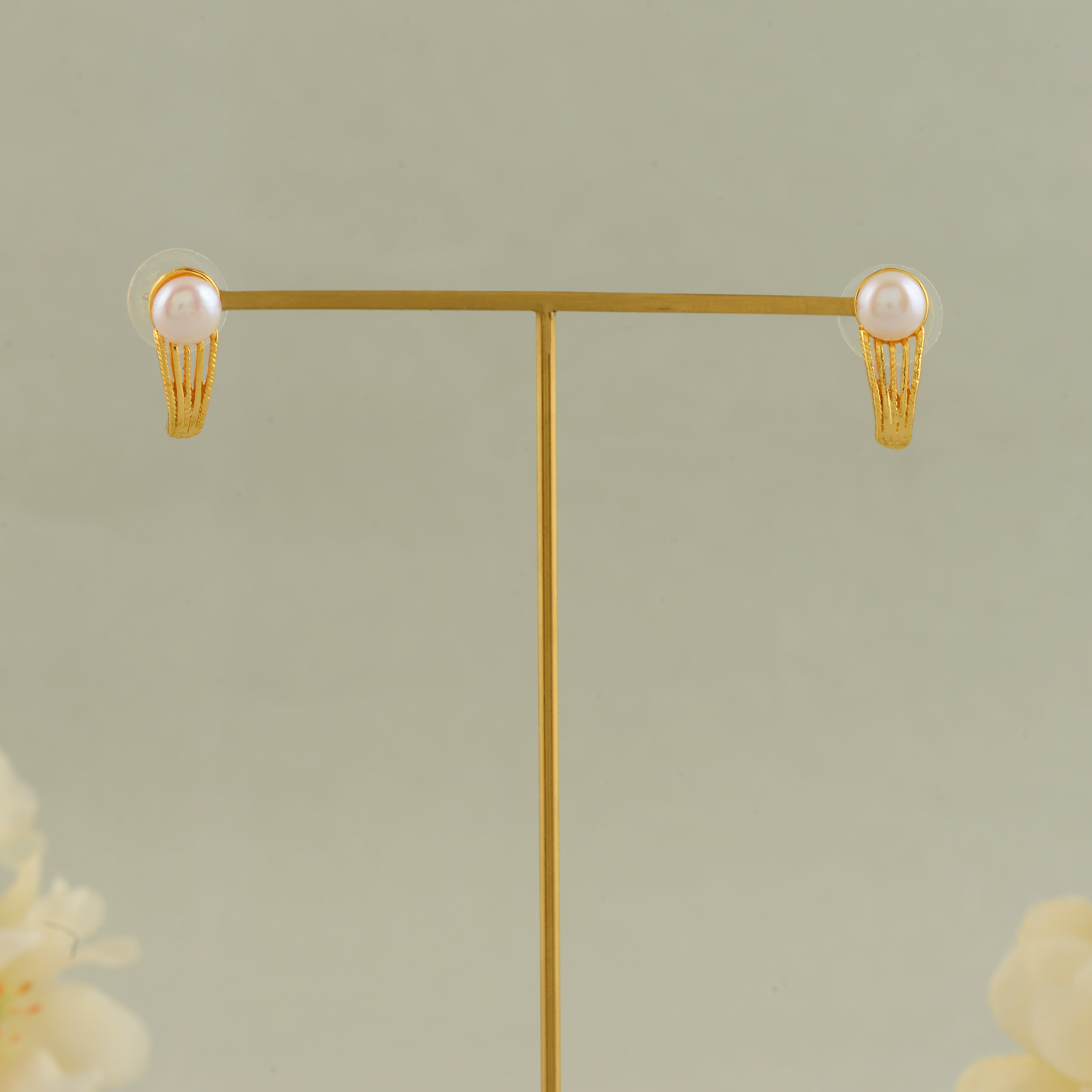 Gold Polish Half-Hoop Earrings with White Freshwater Pearls