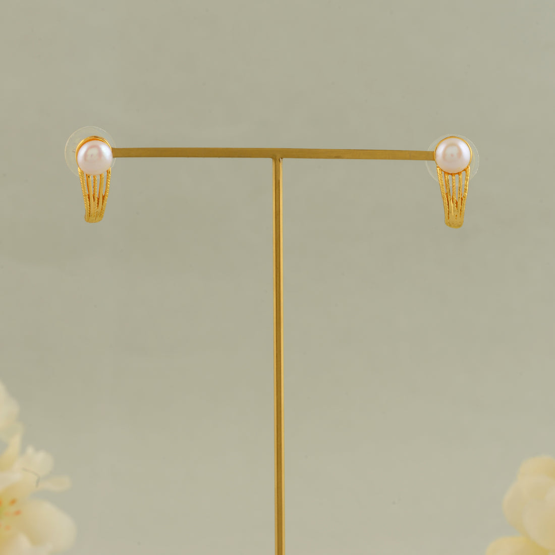 Gold Polish Half-Hoop Earrings with White Freshwater Pearls