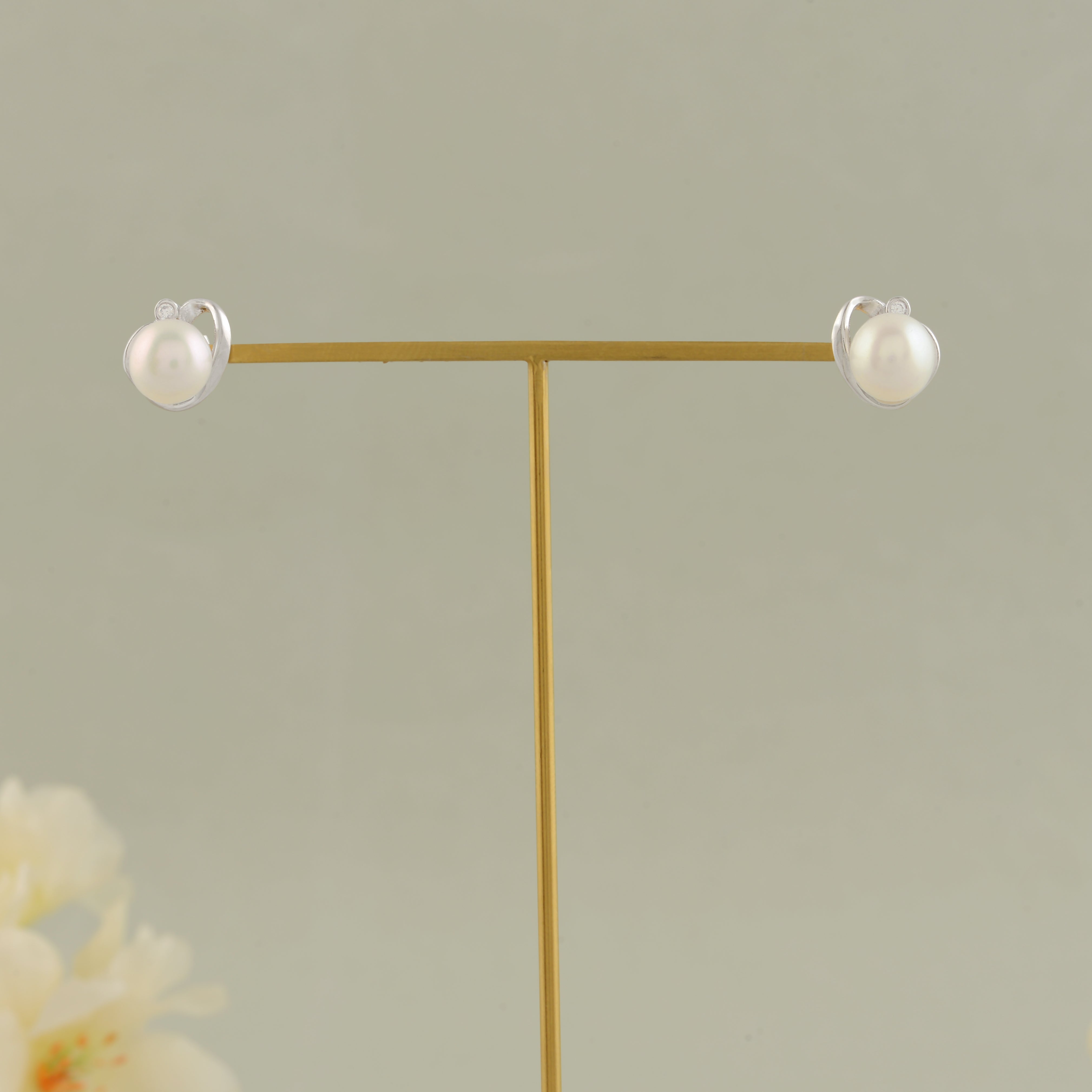 White Pearl & Stone Silver Stud Earrings