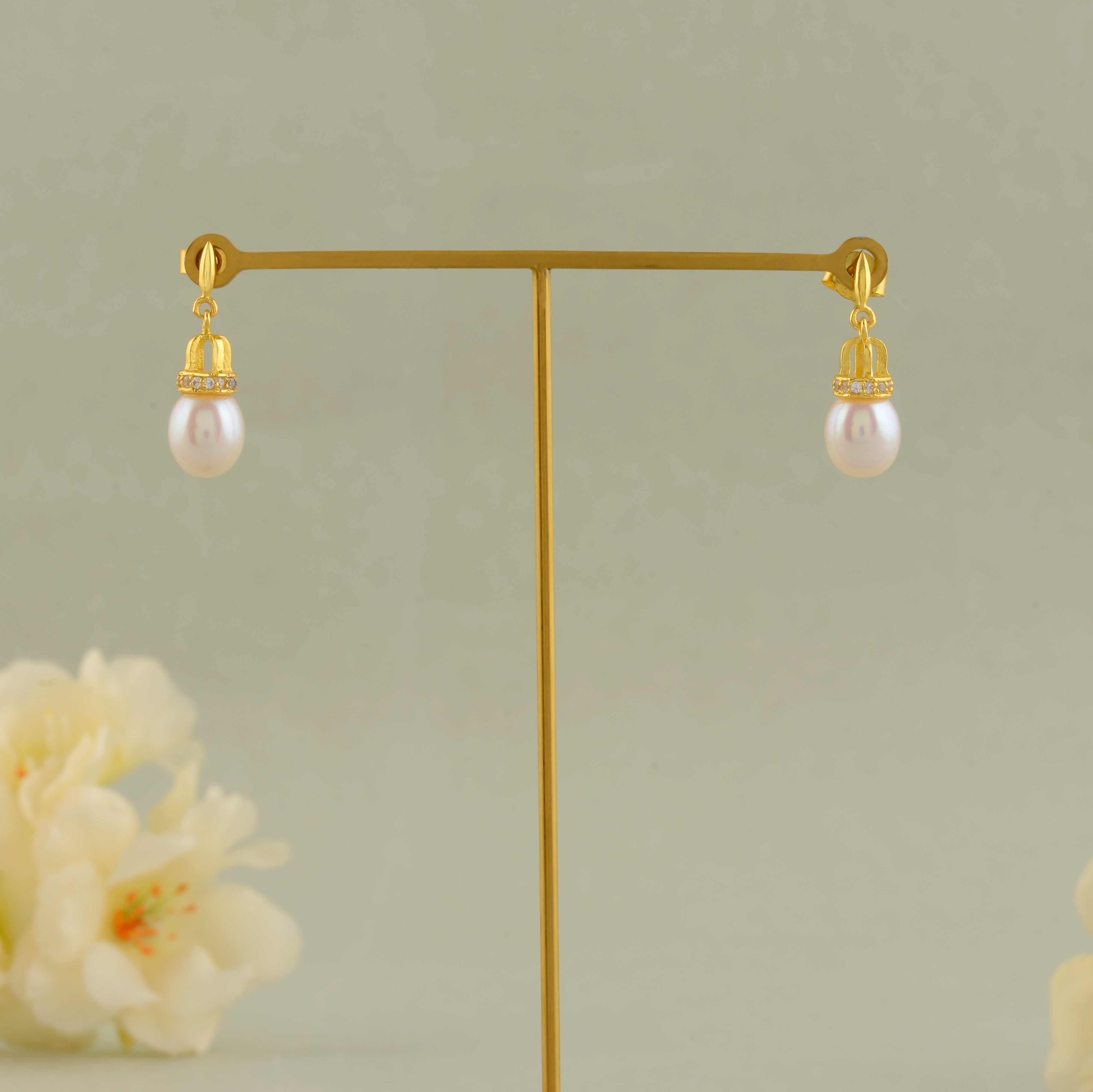 White Freshwater Pearl & Stone Drop Earrings