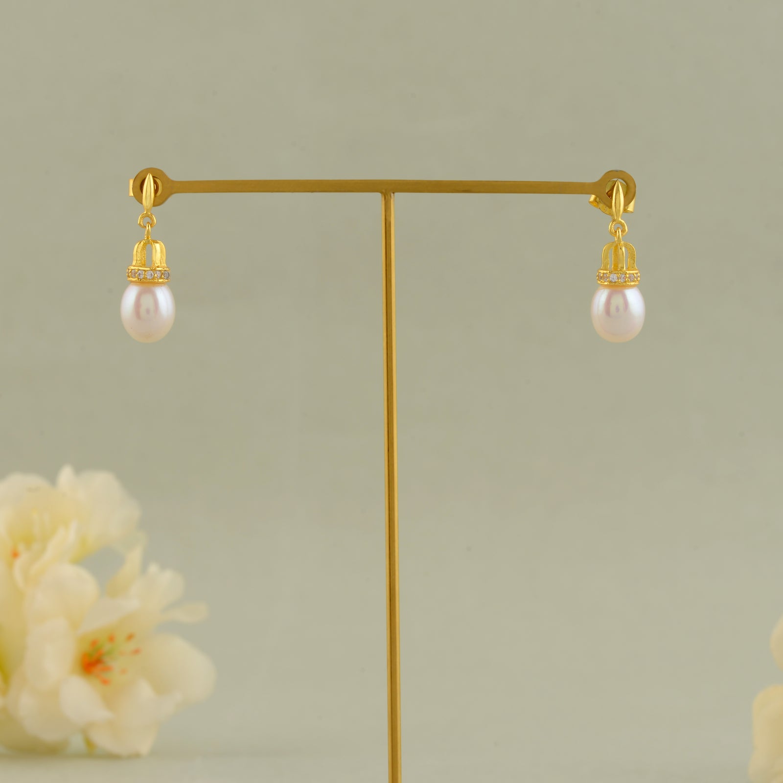 White Freshwater Pearl & Stone Drop Earrings