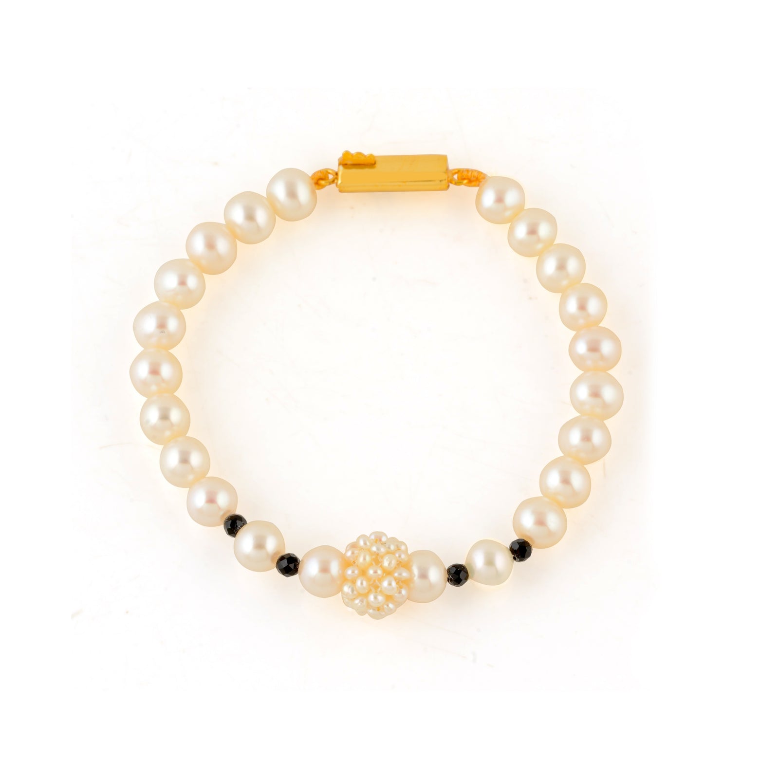 Elegant Freshwater Pearl Bracelet with Navy Blue & Pearl Cluster Accents - Gold Clip