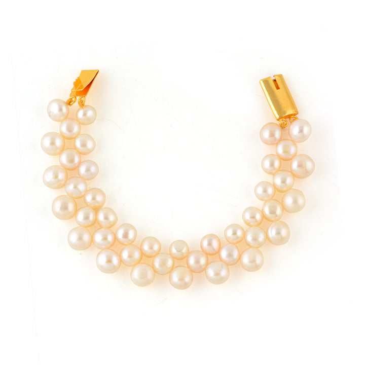 Handcrafted Two-Layer White Freshwater Pearl Bracelet - Gold Clasp