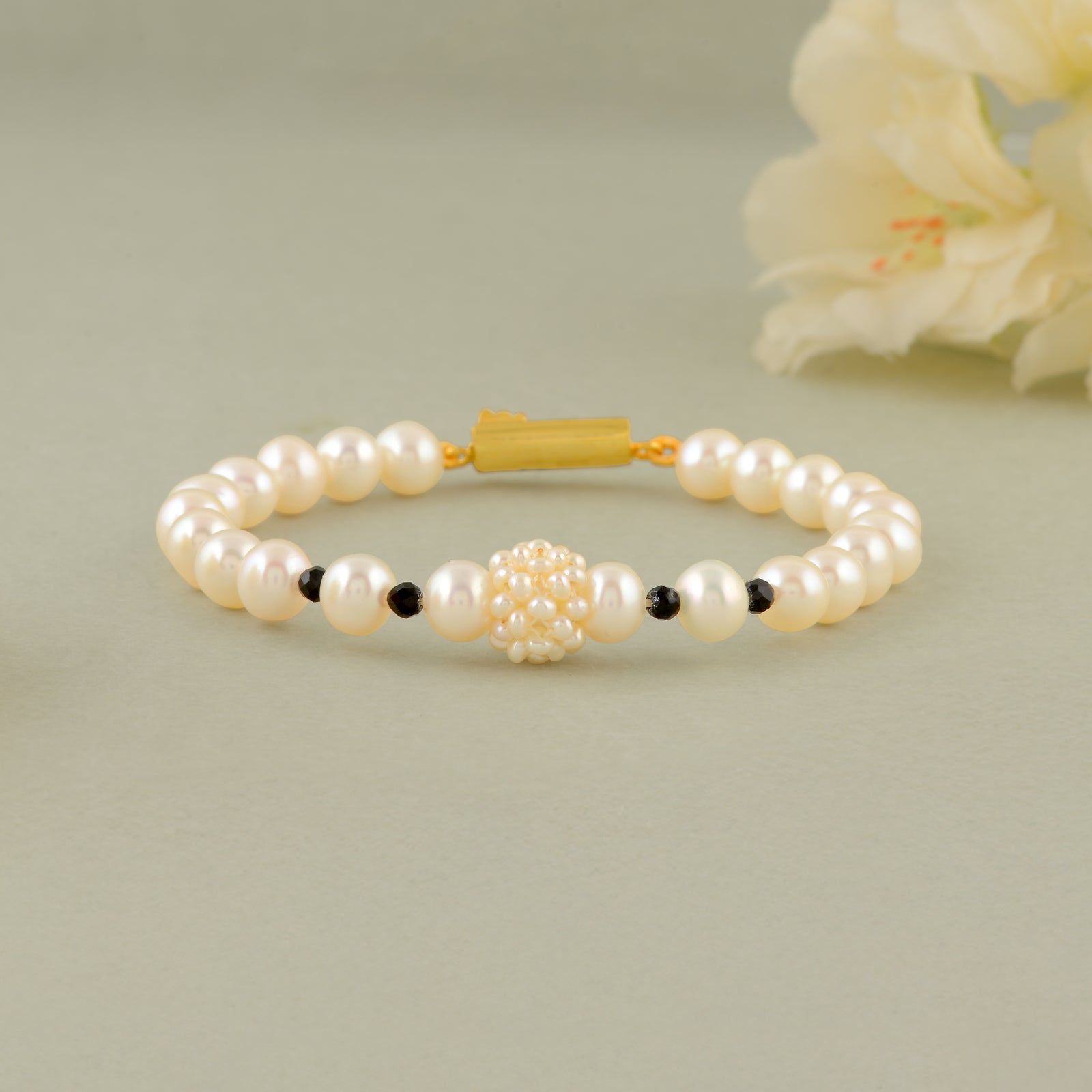 Elegant Freshwater Pearl Bracelet with Navy Blue & Pearl Cluster Accents - Gold Clip