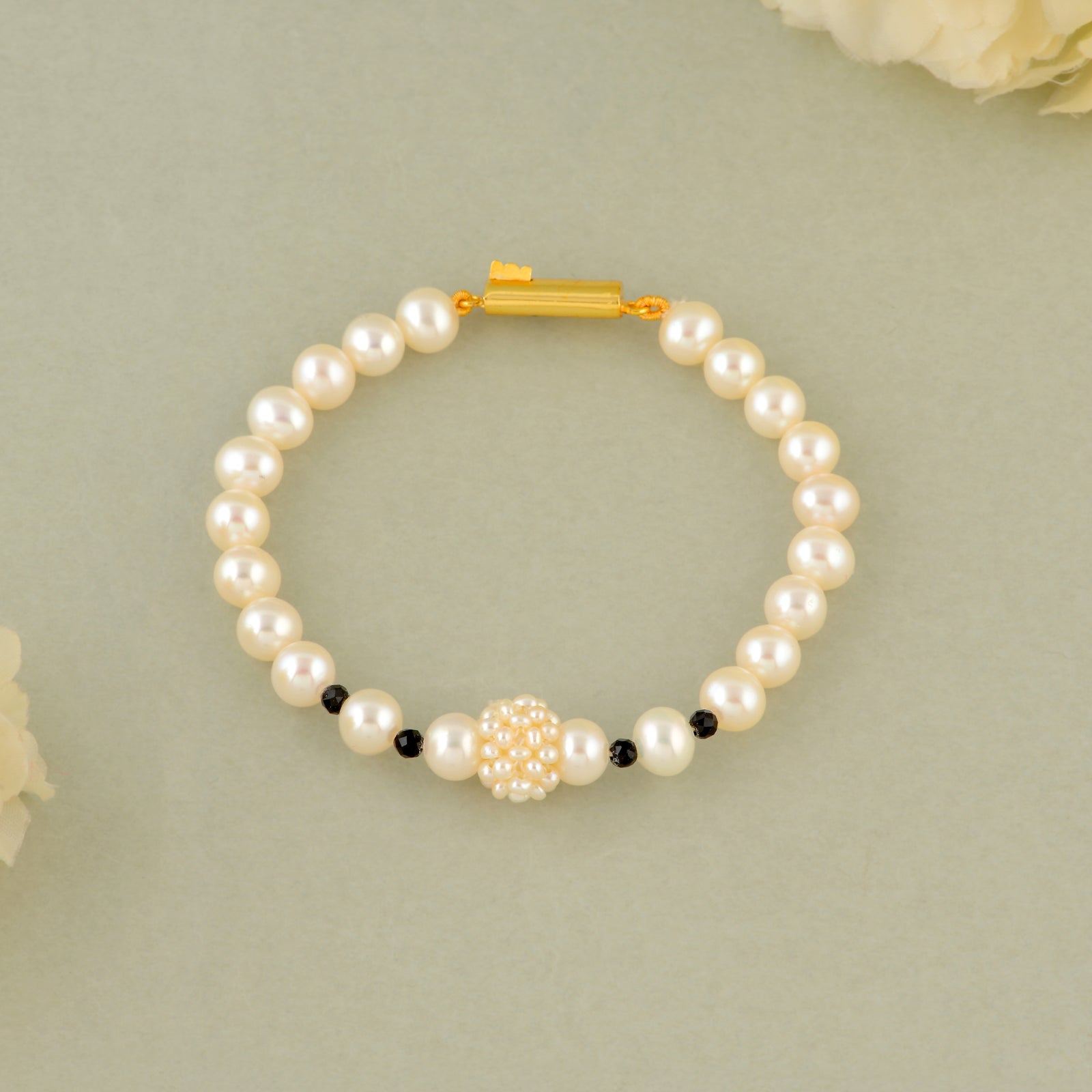 Elegant Freshwater Pearl Bracelet with Navy Blue & Pearl Cluster Accents - Gold Clip