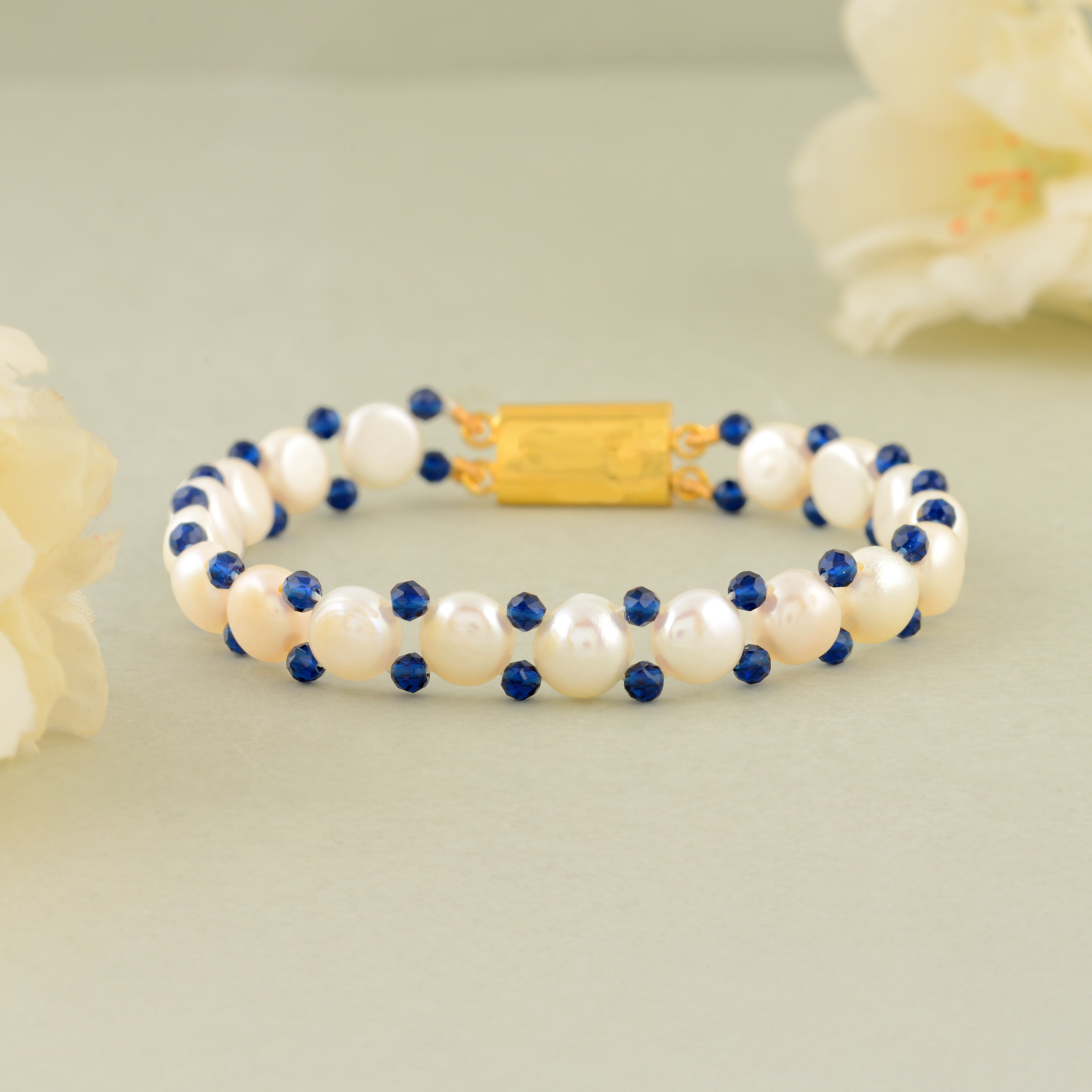 Real White Freshwater Pearl Bracelet with Blue Accents & Gold Clasp