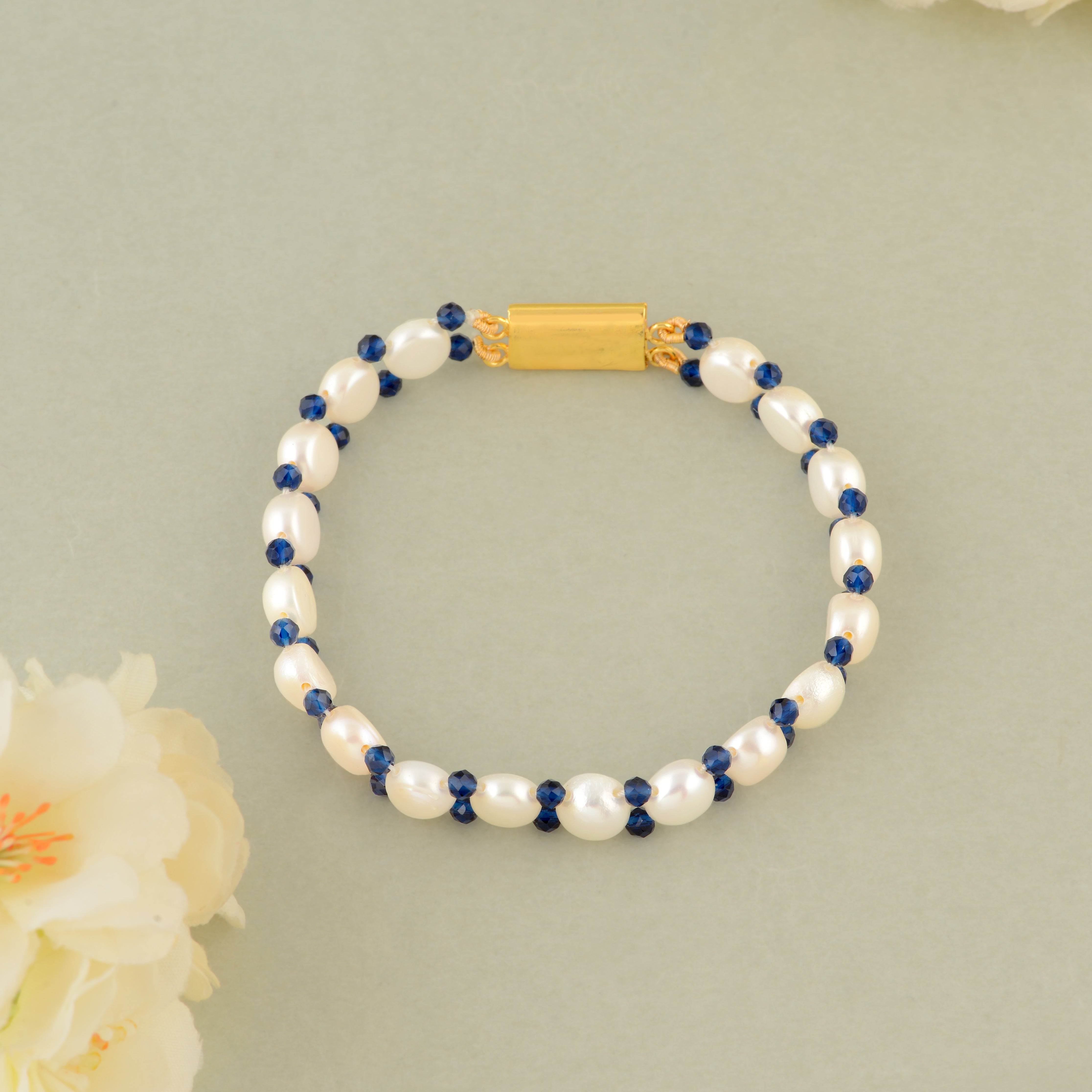 Real White Freshwater Pearl Bracelet with Blue Accents & Gold Clasp