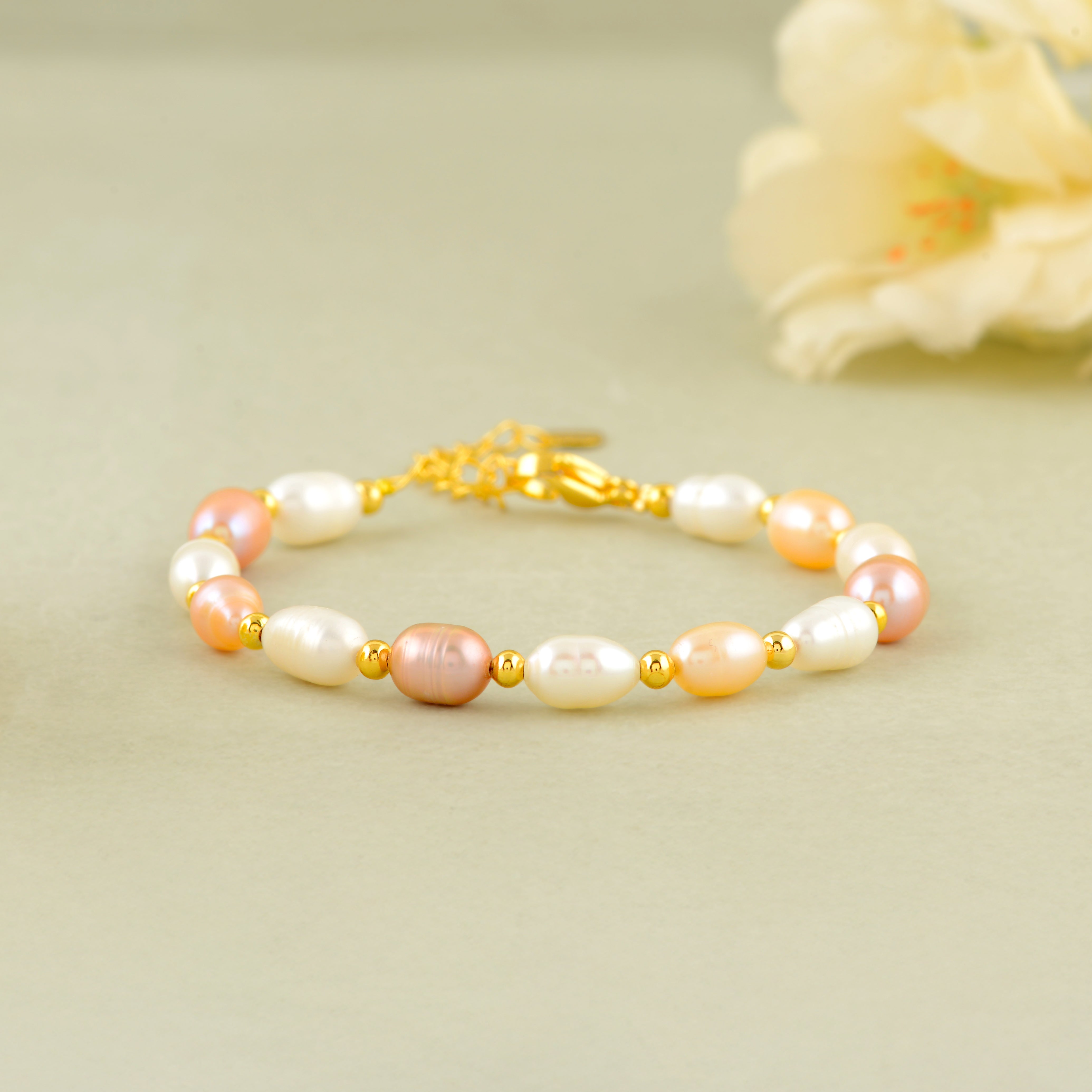 Peach & White Color Pearl Bracelet with Gold Tone Spacers