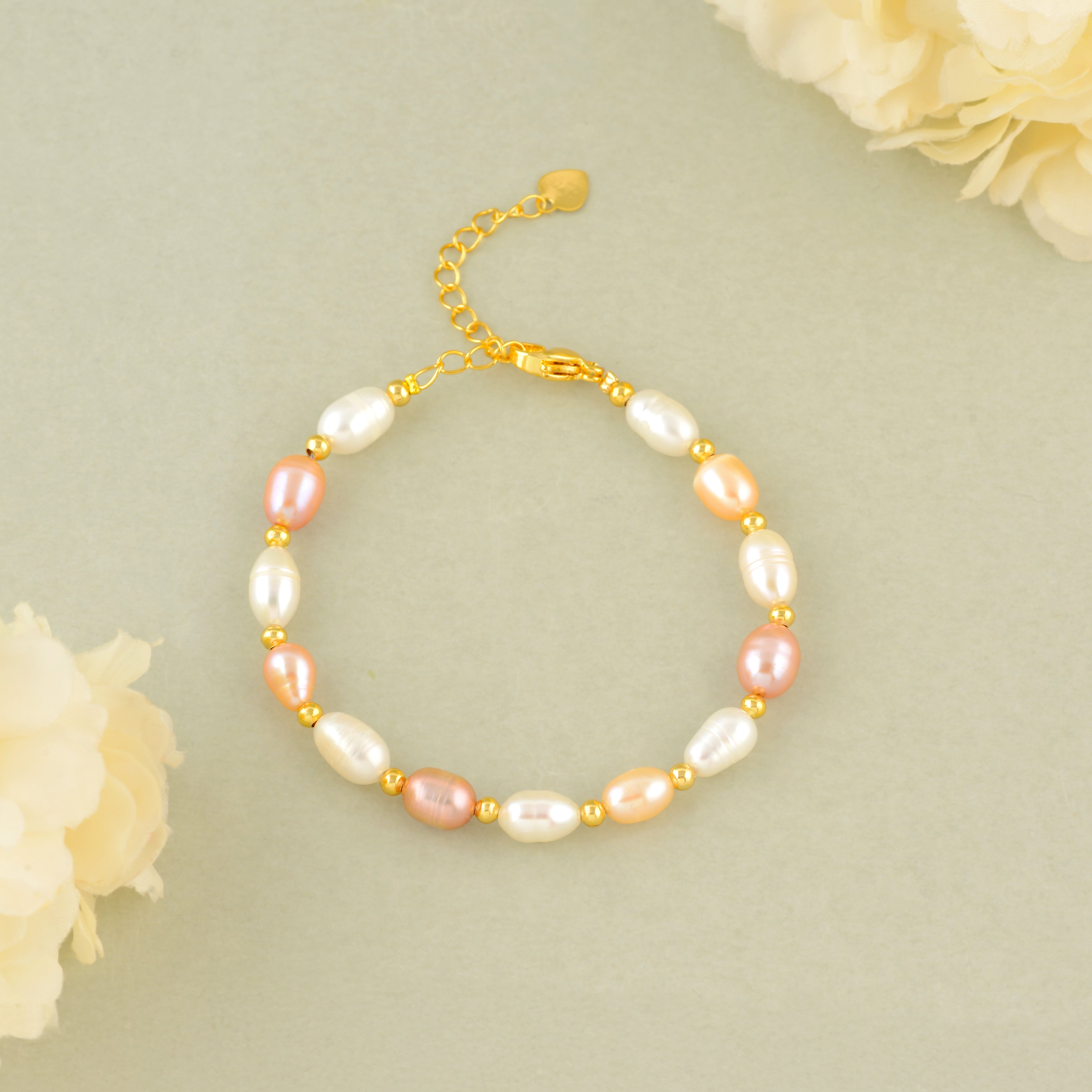 Peach & White Color Pearl Bracelet with Gold Tone Spacers