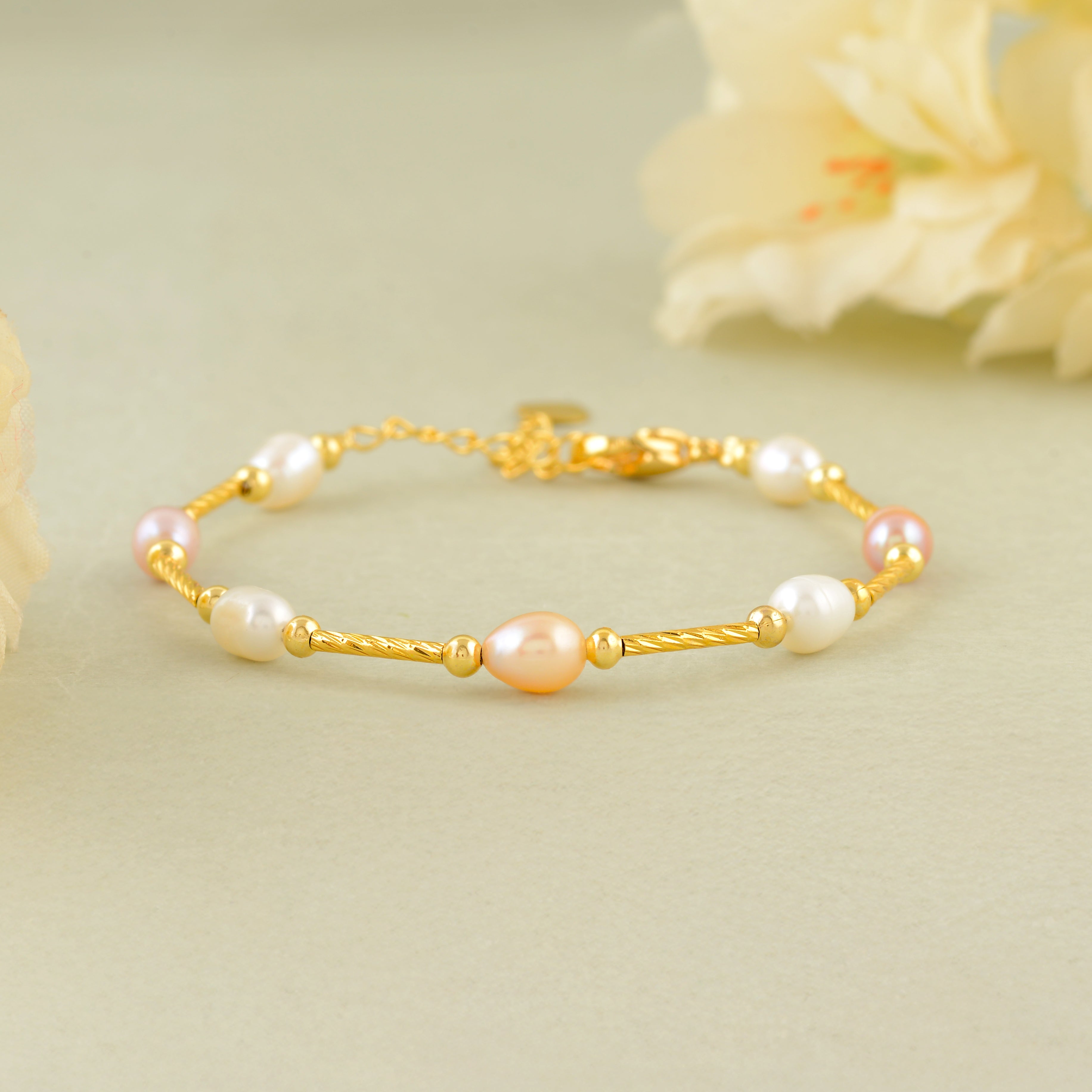 Multi-Tone Freshwater Pearl Bracelet with Gold Alloy & Silver Accents