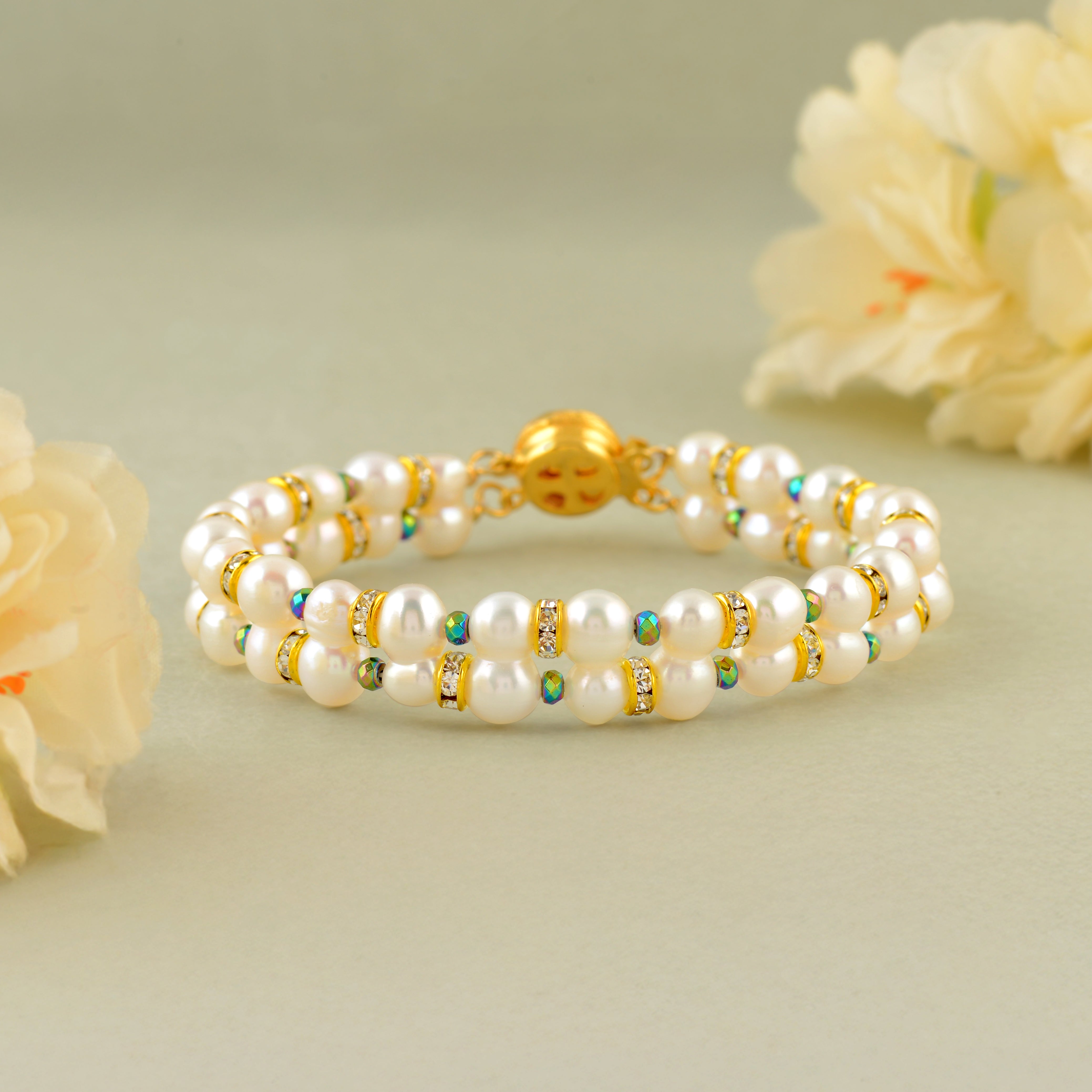 Double Strand Pearl Bracelet with Gold & Colorful Spacers