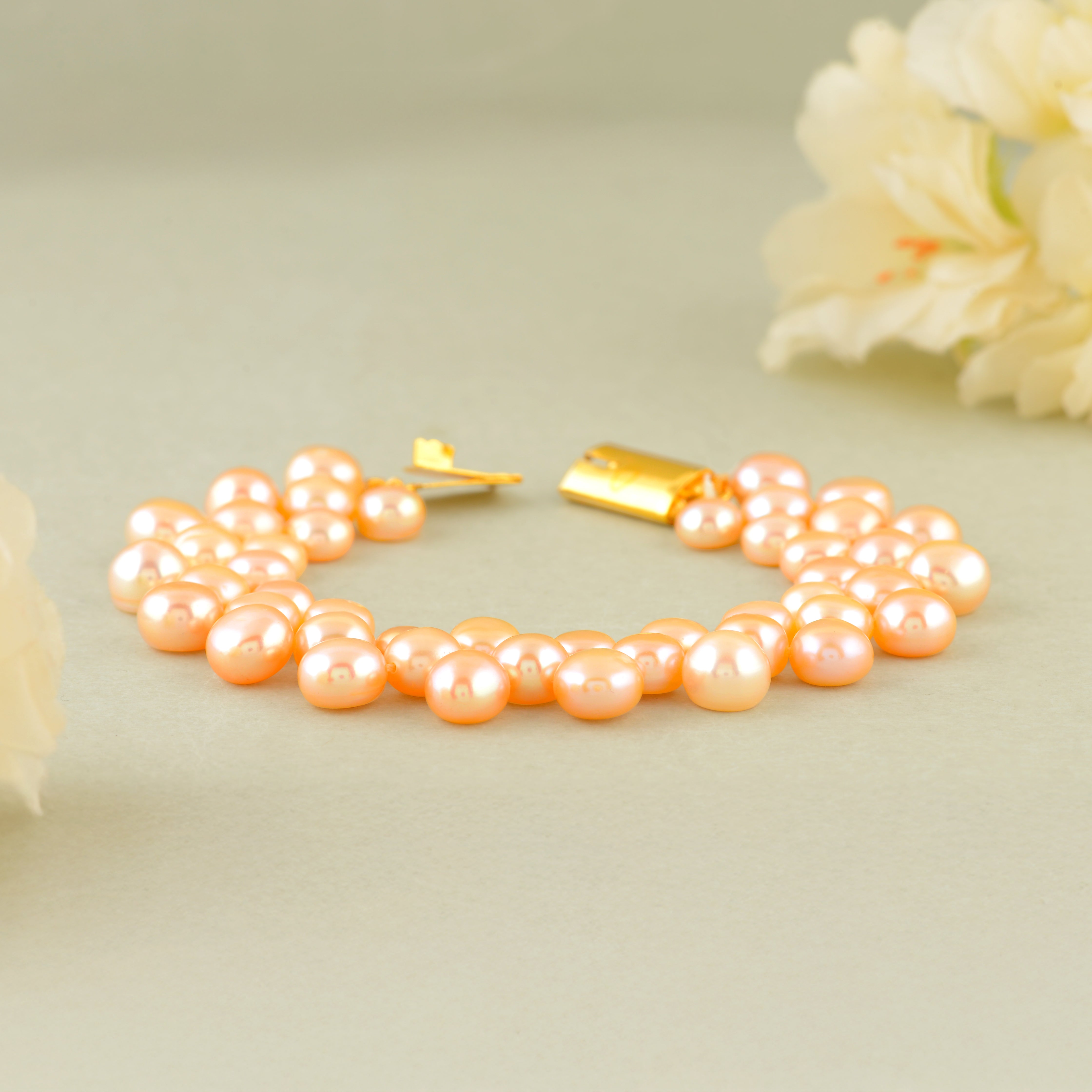 Handcrafted Peach Color Freshwater Pearl Mesh Bracelet