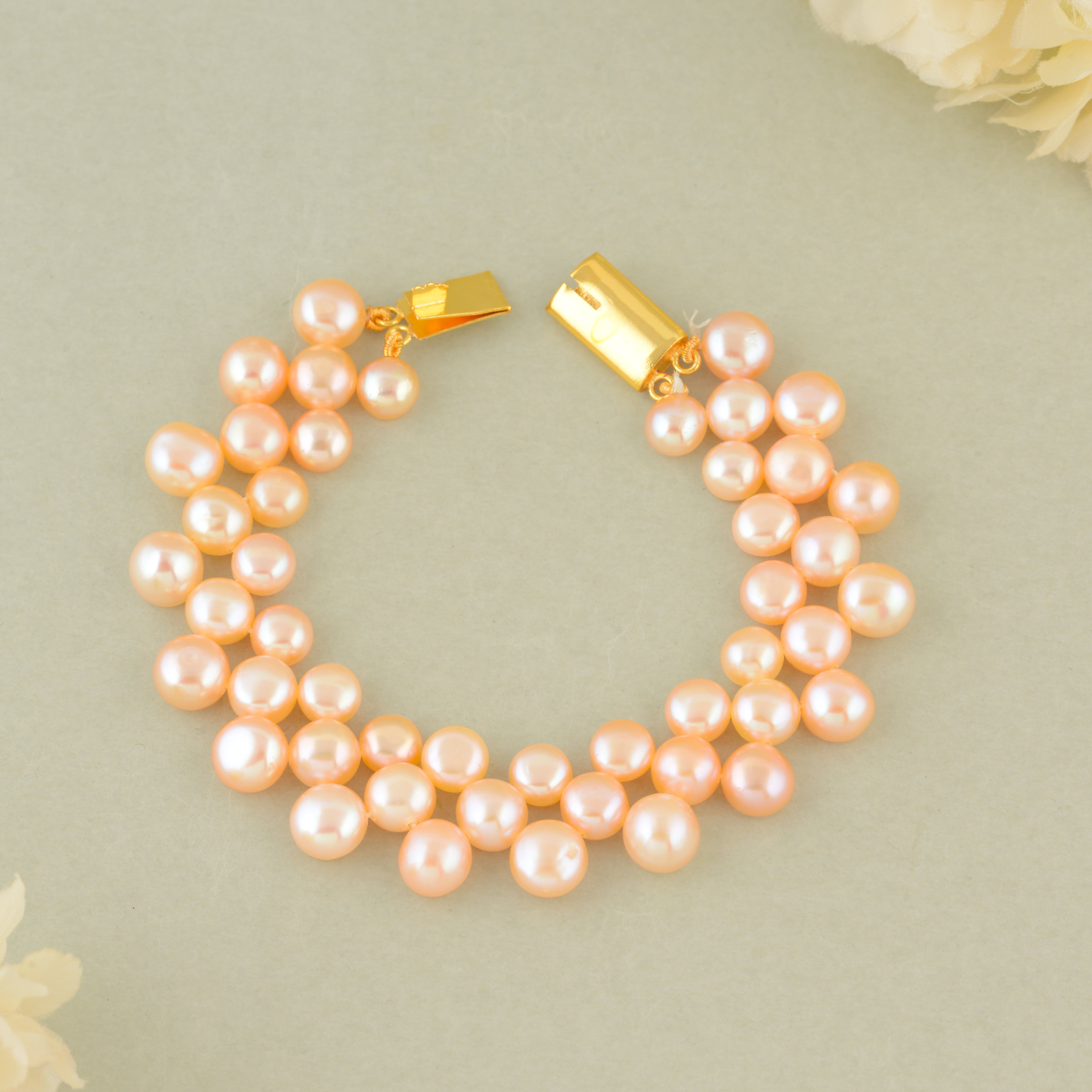 Handcrafted Peach Color Freshwater Pearl Mesh Bracelet
