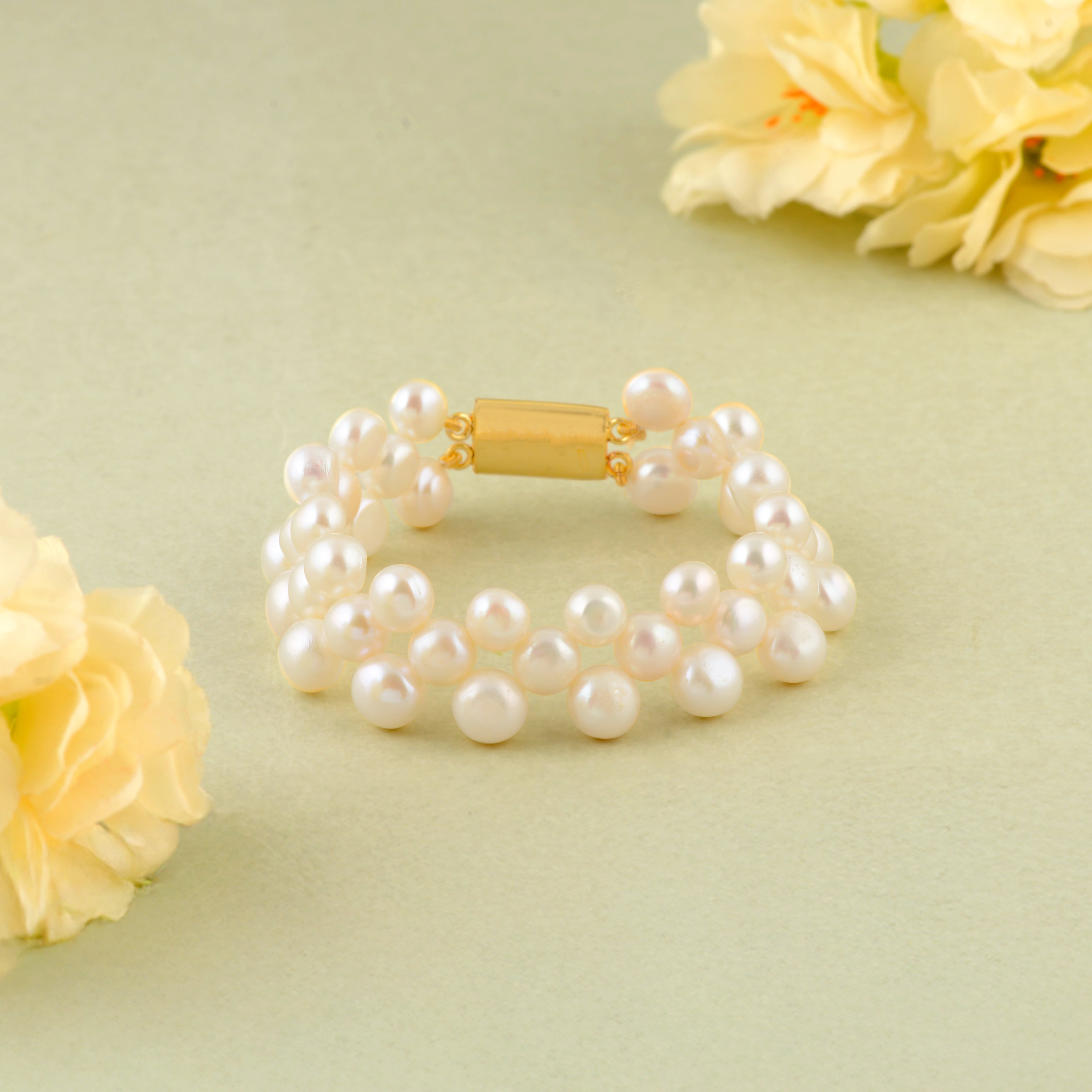 Handcrafted Two-Layer White Freshwater Pearl Bracelet - Gold Clasp