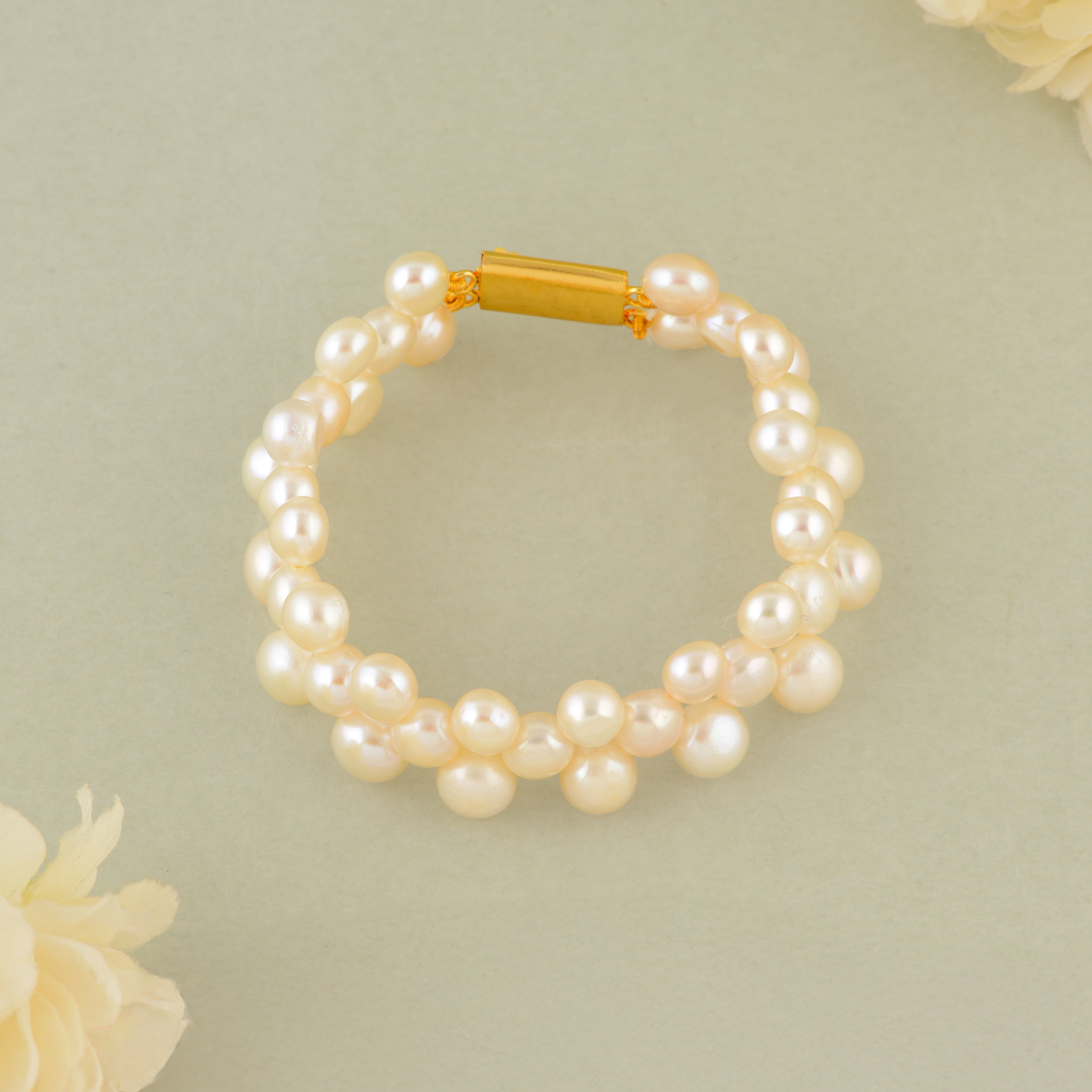 Handcrafted Two-Layer White Freshwater Pearl Bracelet - Gold Clasp