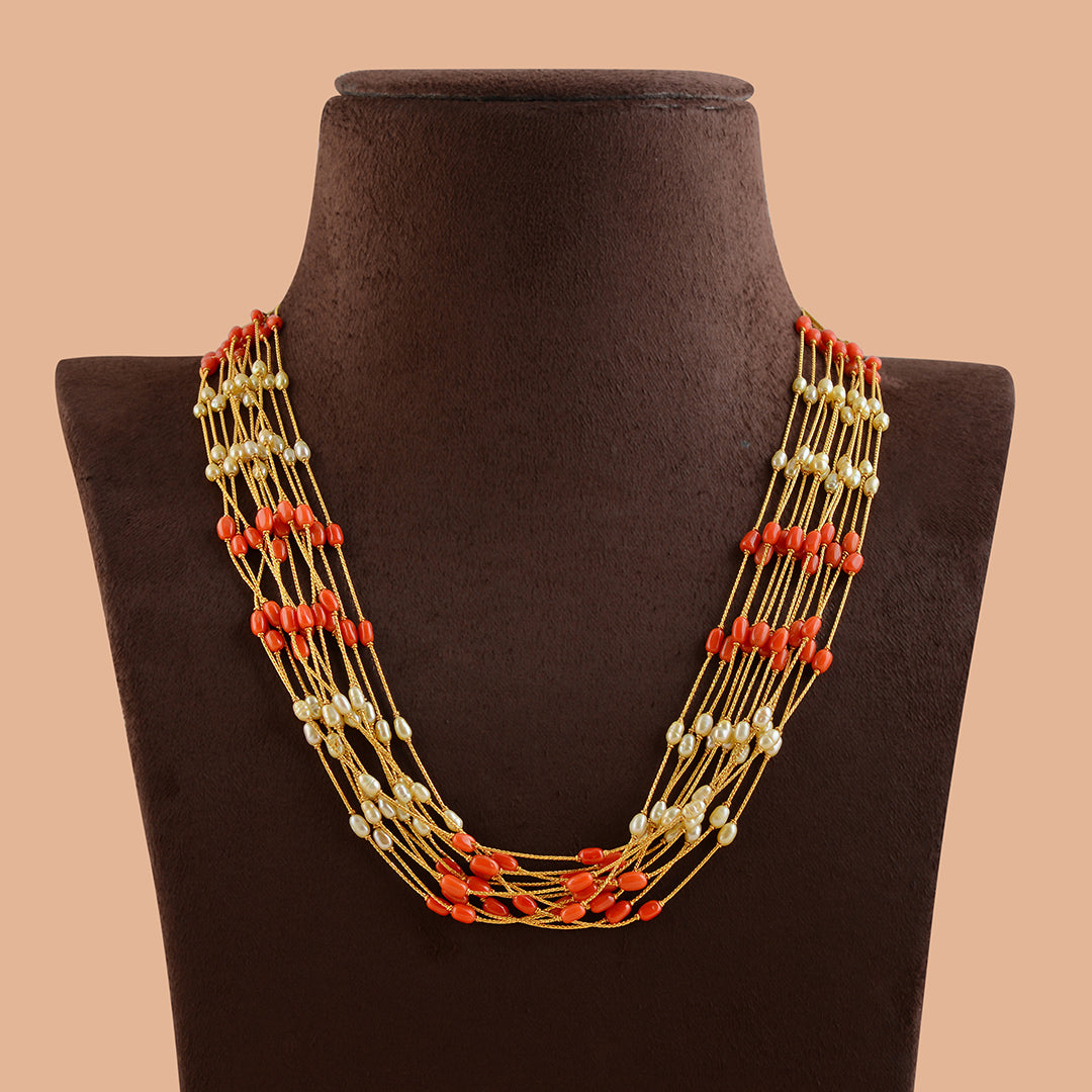 Multiline Gold Pearl Necklace With Coral - Krishna Jewellers Pearls and Gems