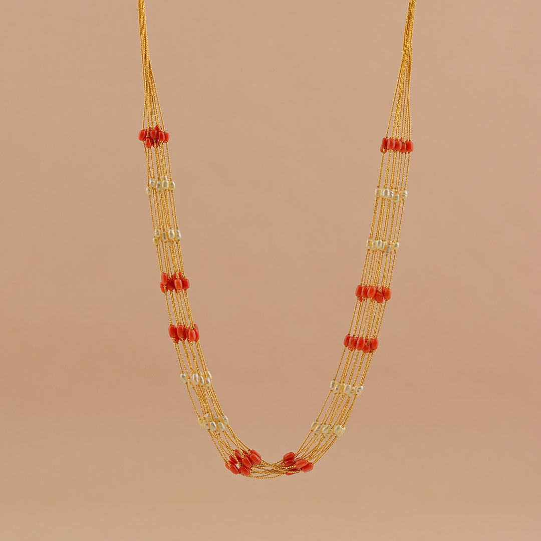 Multiline Gold Pearl Necklace With Coral - Krishna Jewellers Pearls and Gems