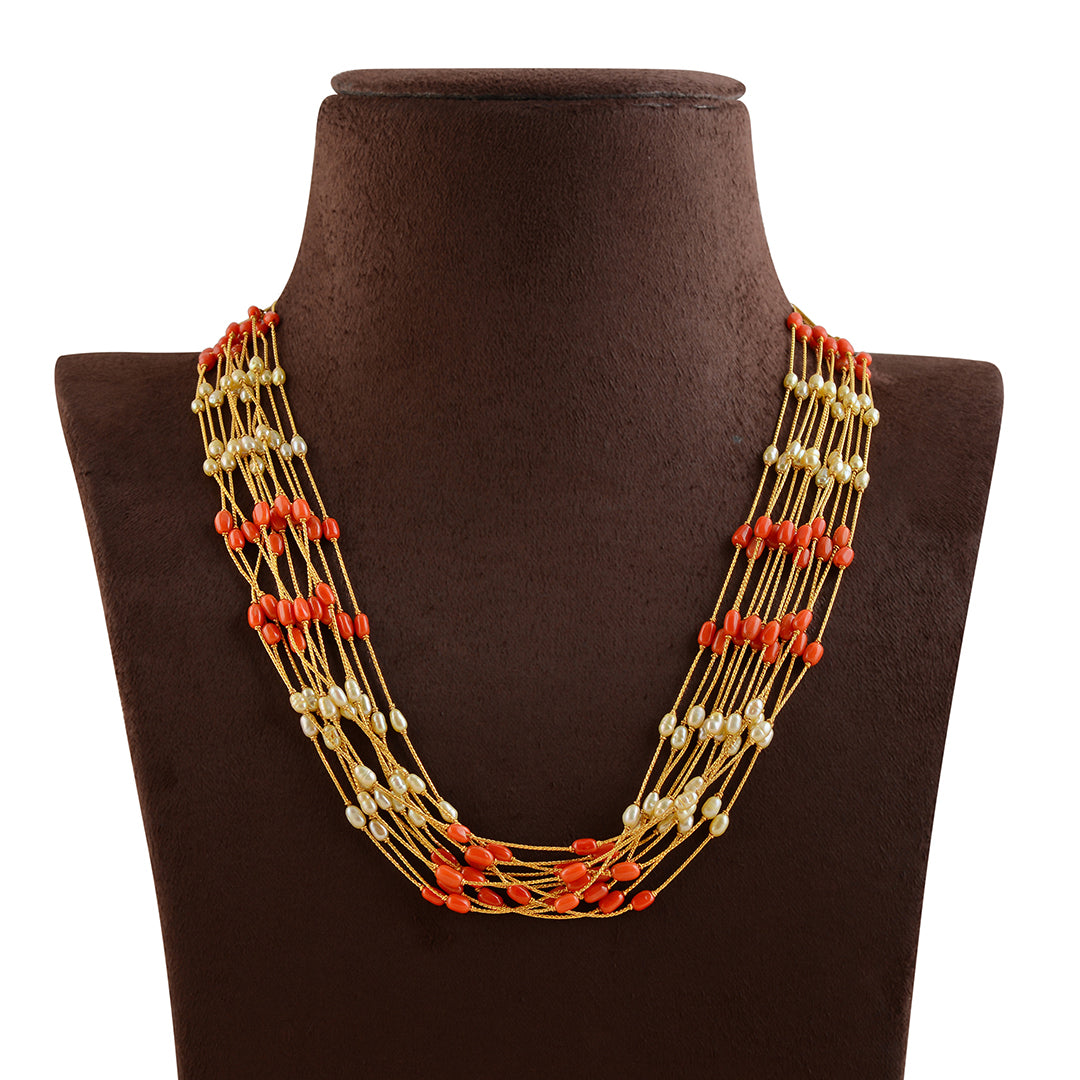 Multiline Gold Pearl Necklace With Coral - Krishna Jewellers Pearls and Gems