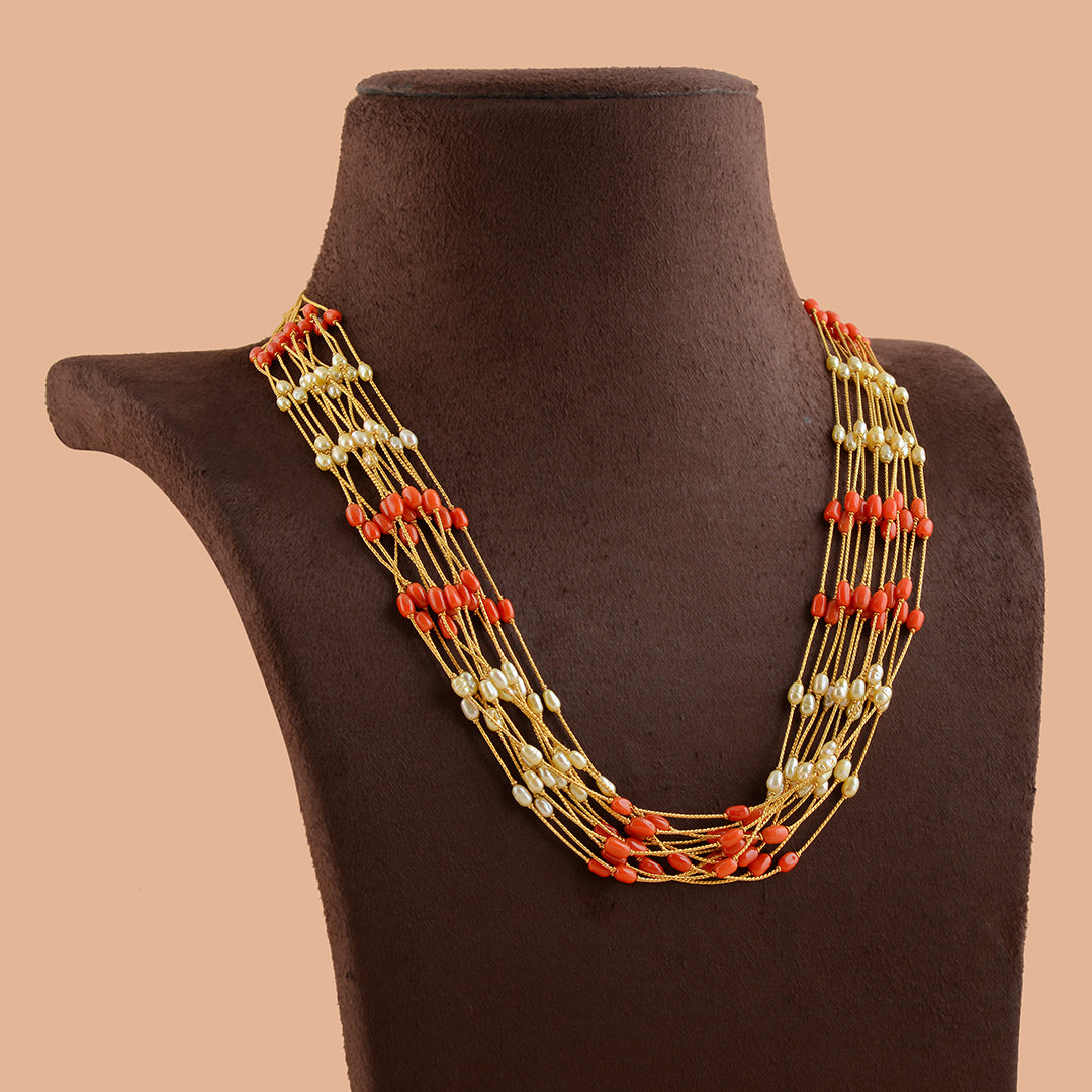 Multiline Gold Pearl Necklace With Coral - Krishna Jewellers Pearls and Gems