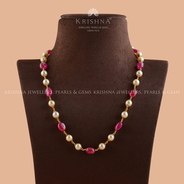 Exquisite  Ruby And Cultured Pearl Necklace In Gold - Krishna Jewellers Pearls and Gems